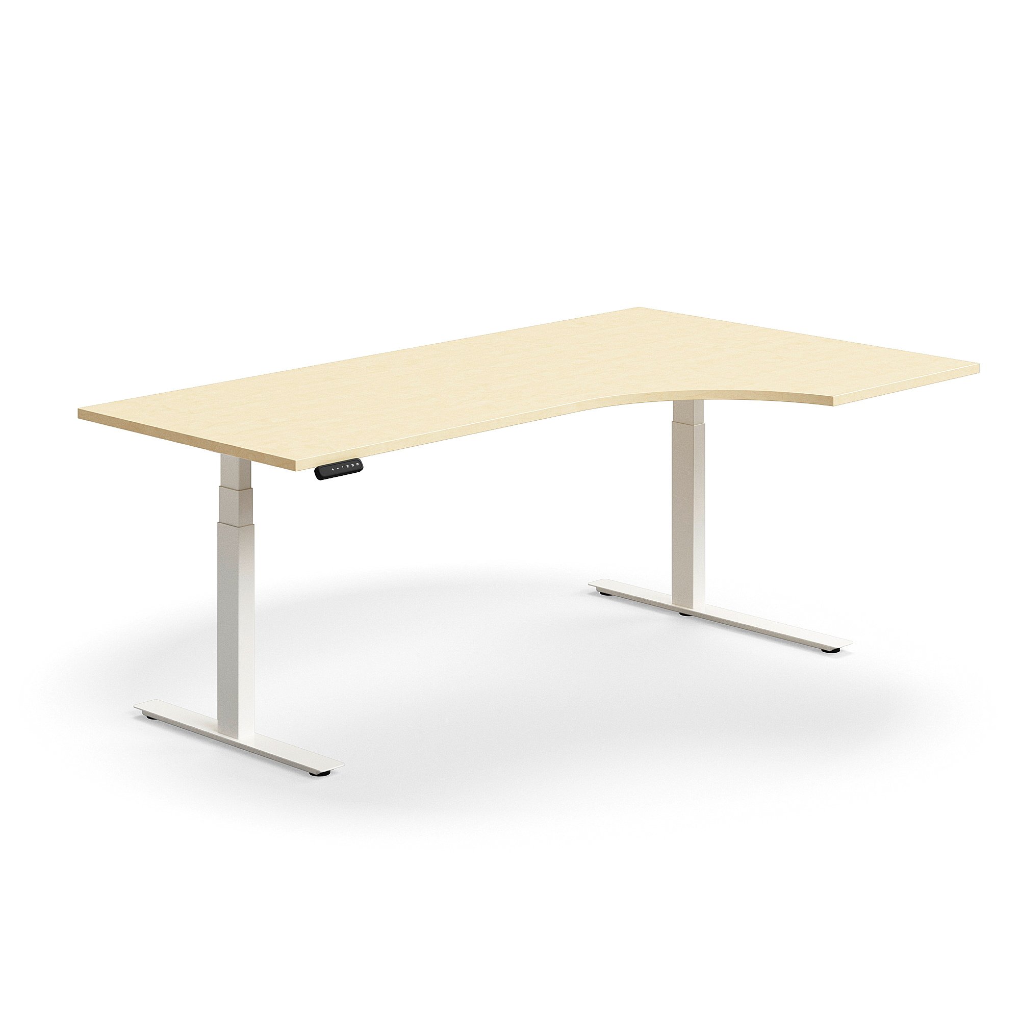 Výškově nastavitelný stůl QBUS, rohový, 2000x1200 mm, bílá podnož, bříza