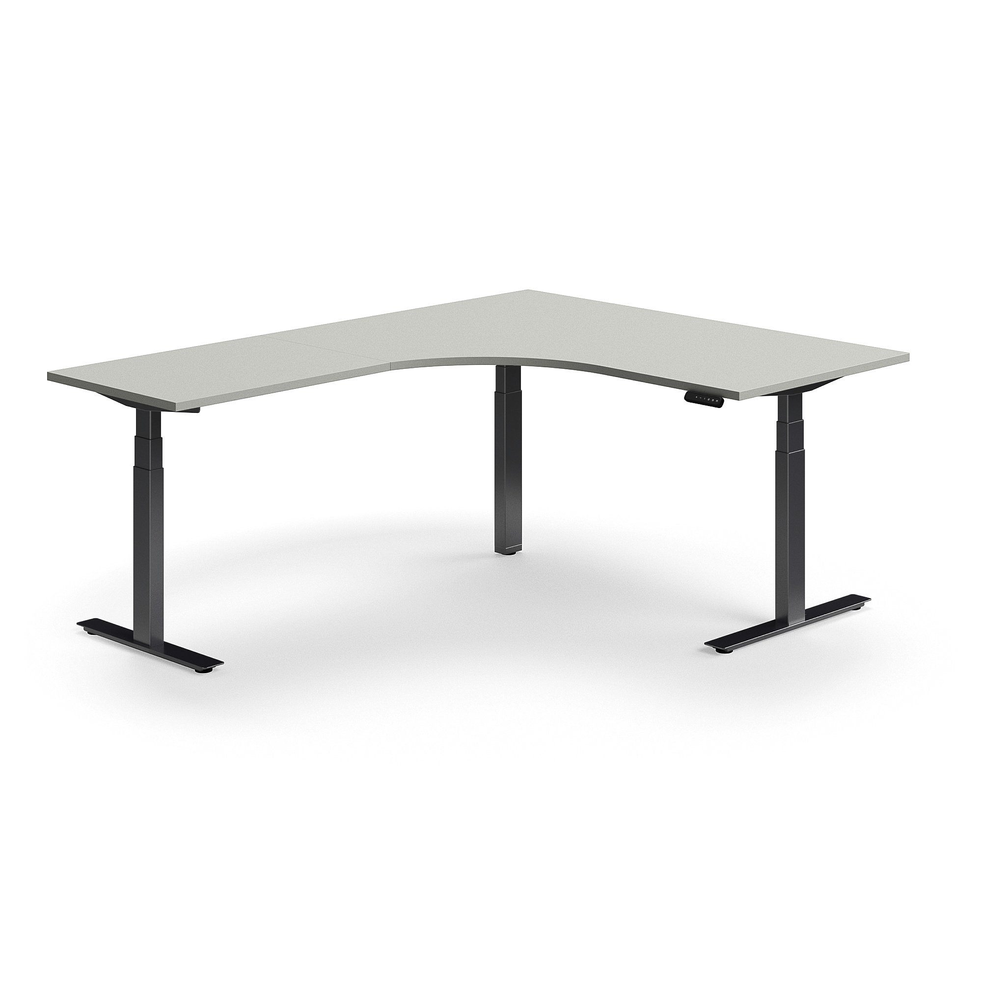 Výškově nastavitelný stůl QBUS, rohový, 1600x2000 mm, černá podnož, světle šedá