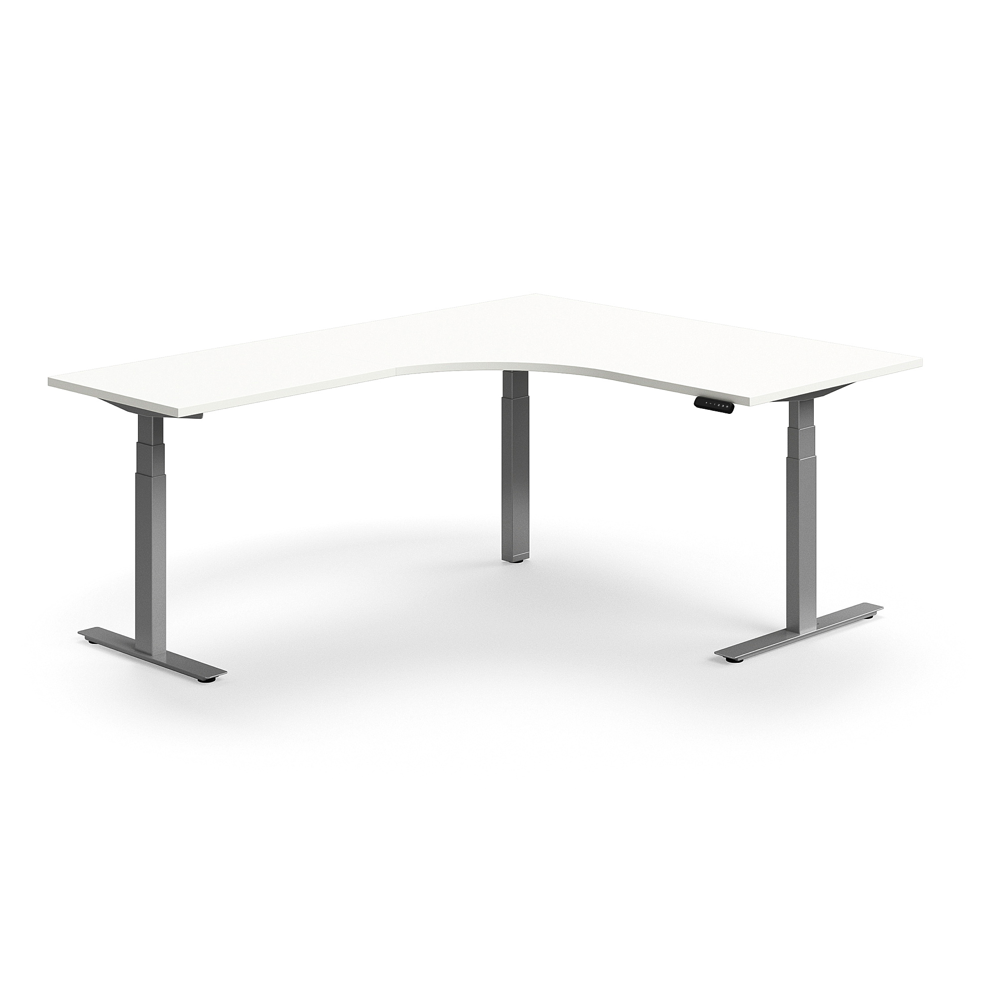 Výškově nastavitelný stůl QBUS, rohový, 1600x2000 mm, stříbrná podnož, bílá
