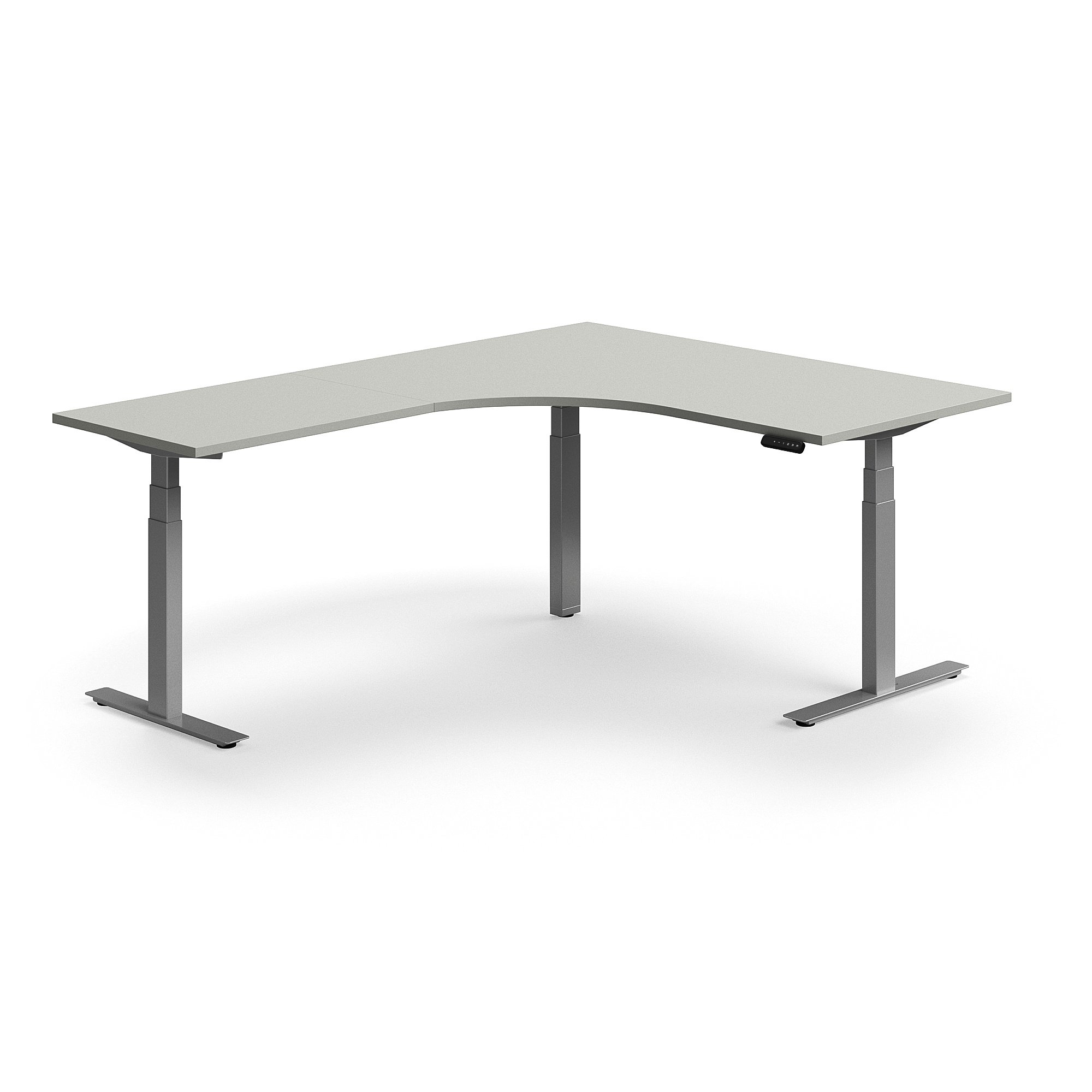 Levně Výškově nastavitelný stůl QBUS, rohový, 1600x2000 mm, stříbrná podnož, světle šedá