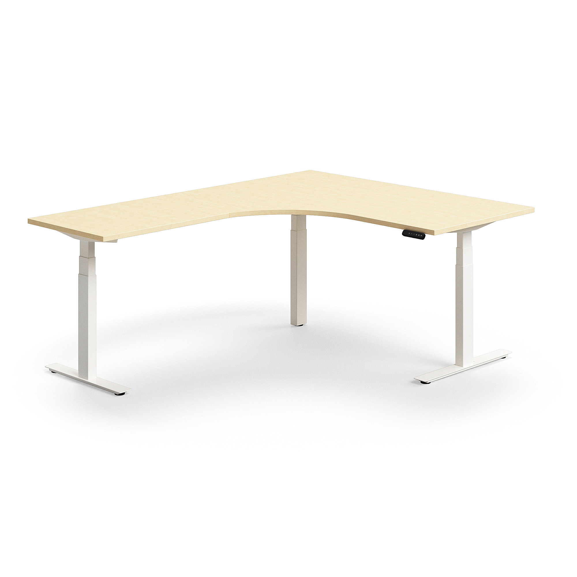 Výškově nastavitelný stůl QBUS, rohový, 1600x2000 mm, bílá podnož, bříza