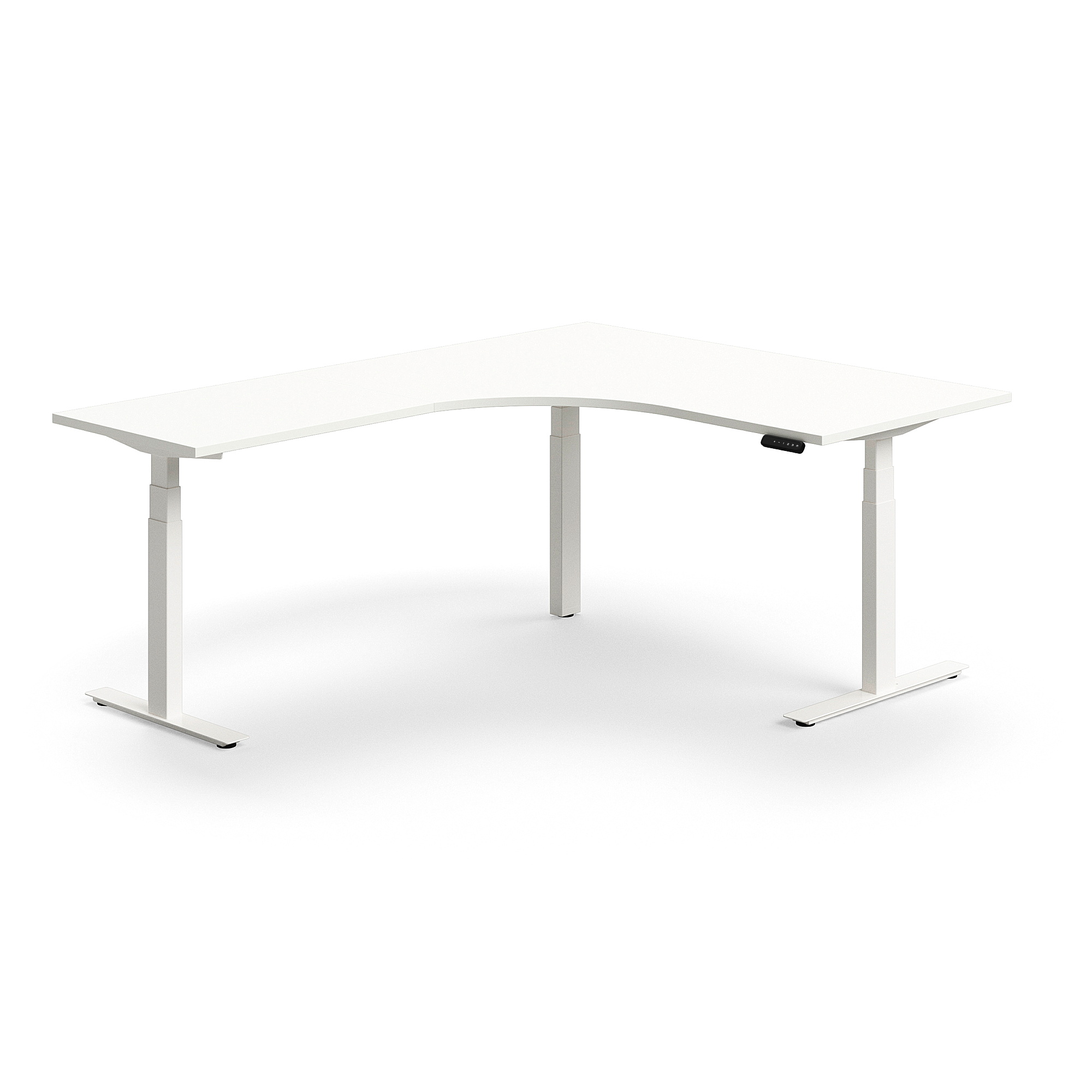 Výškově nastavitelný stůl QBUS, rohový, 1600x2000 mm, bílá podnož, bílá