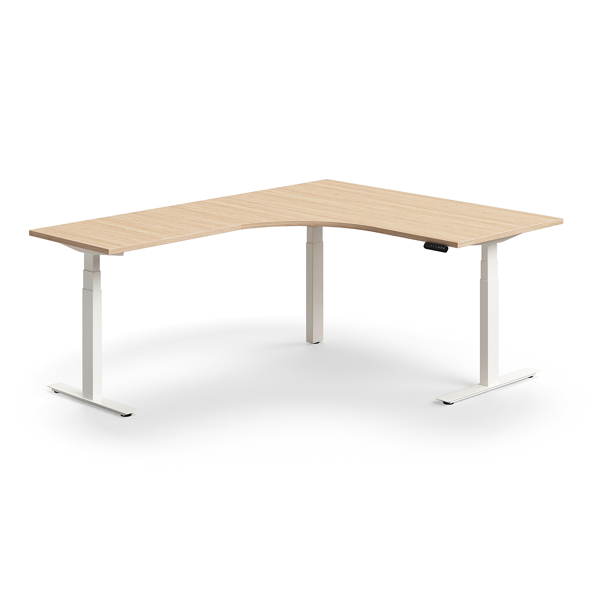 Výškově nastavitelný stůl QBUS, rohový, 1600x2000 mm, bílá podnož, dub
