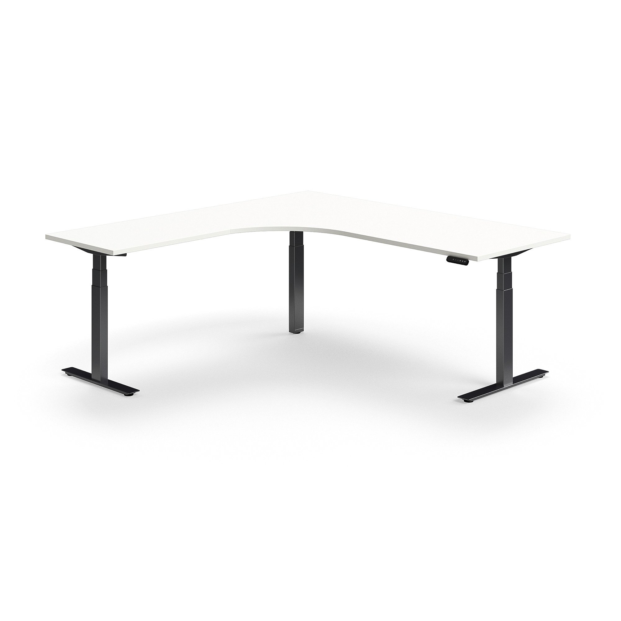 Výškově nastavitelný stůl QBUS, rohový, 2000x2000 mm, černá podnož, bílá