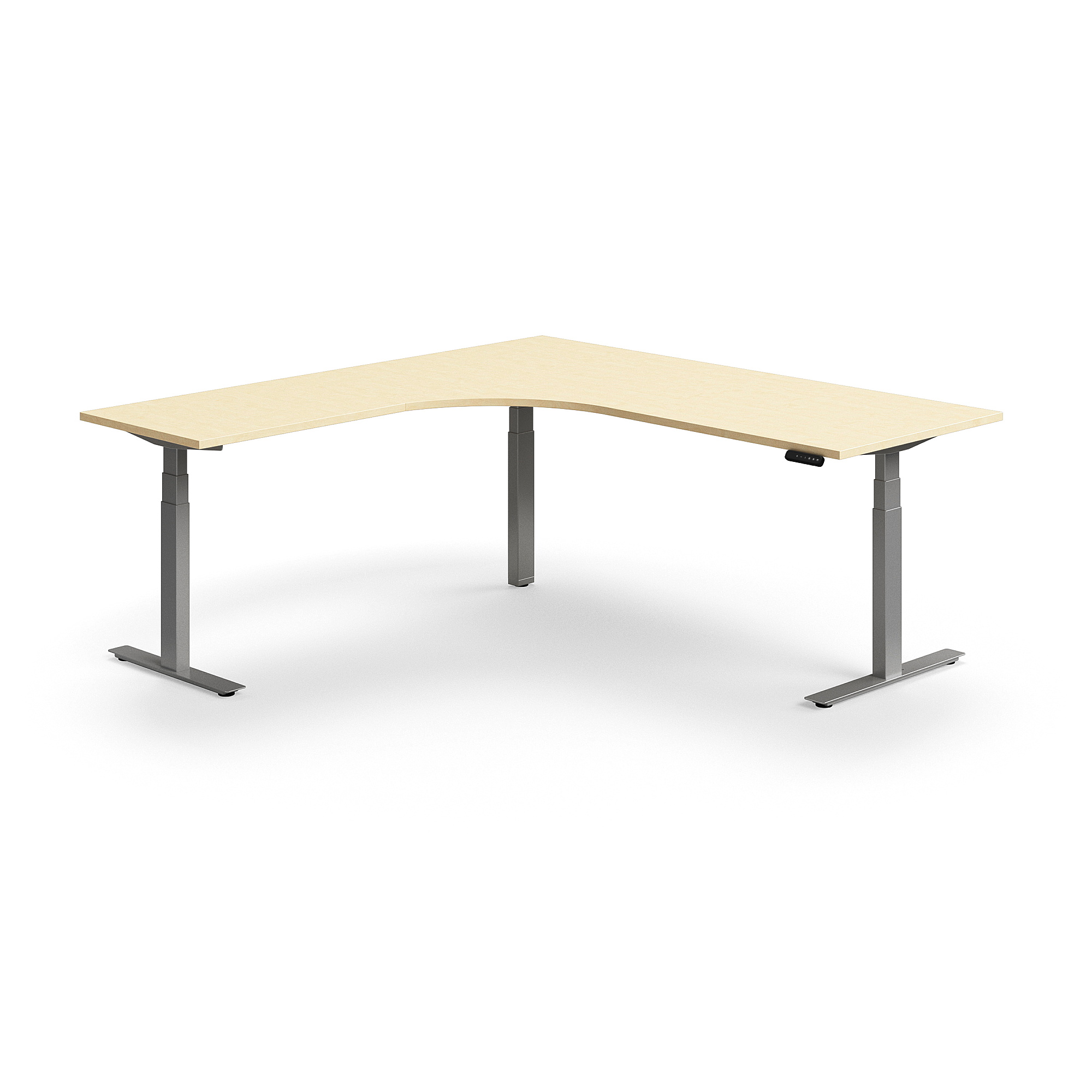 Výškově nastavitelný stůl QBUS, rohový, 2000x2000 mm, stříbrná podnož, bříza