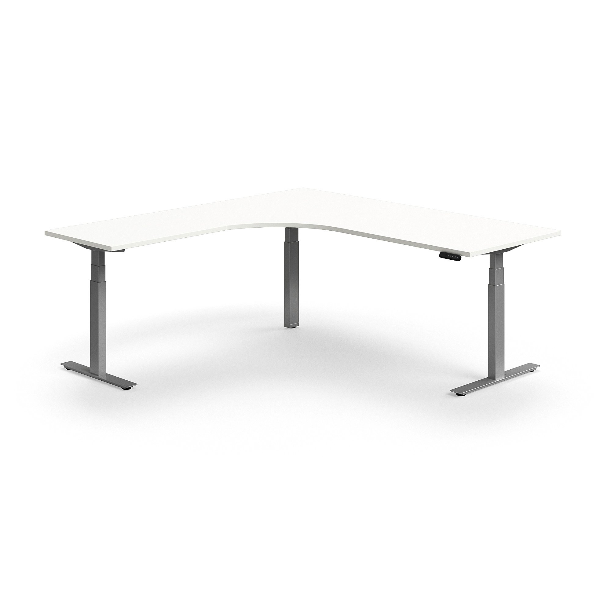 Výškově nastavitelný stůl QBUS, rohový, 2000x2000 mm, stříbrná podnož, bílá