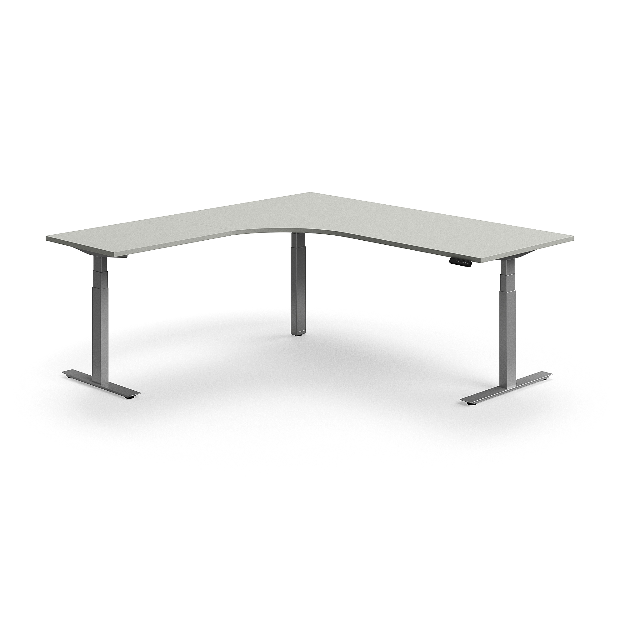 Výškově nastavitelný stůl QBUS, rohový, 2000x2000 mm, stříbrná podnož, světle šedá