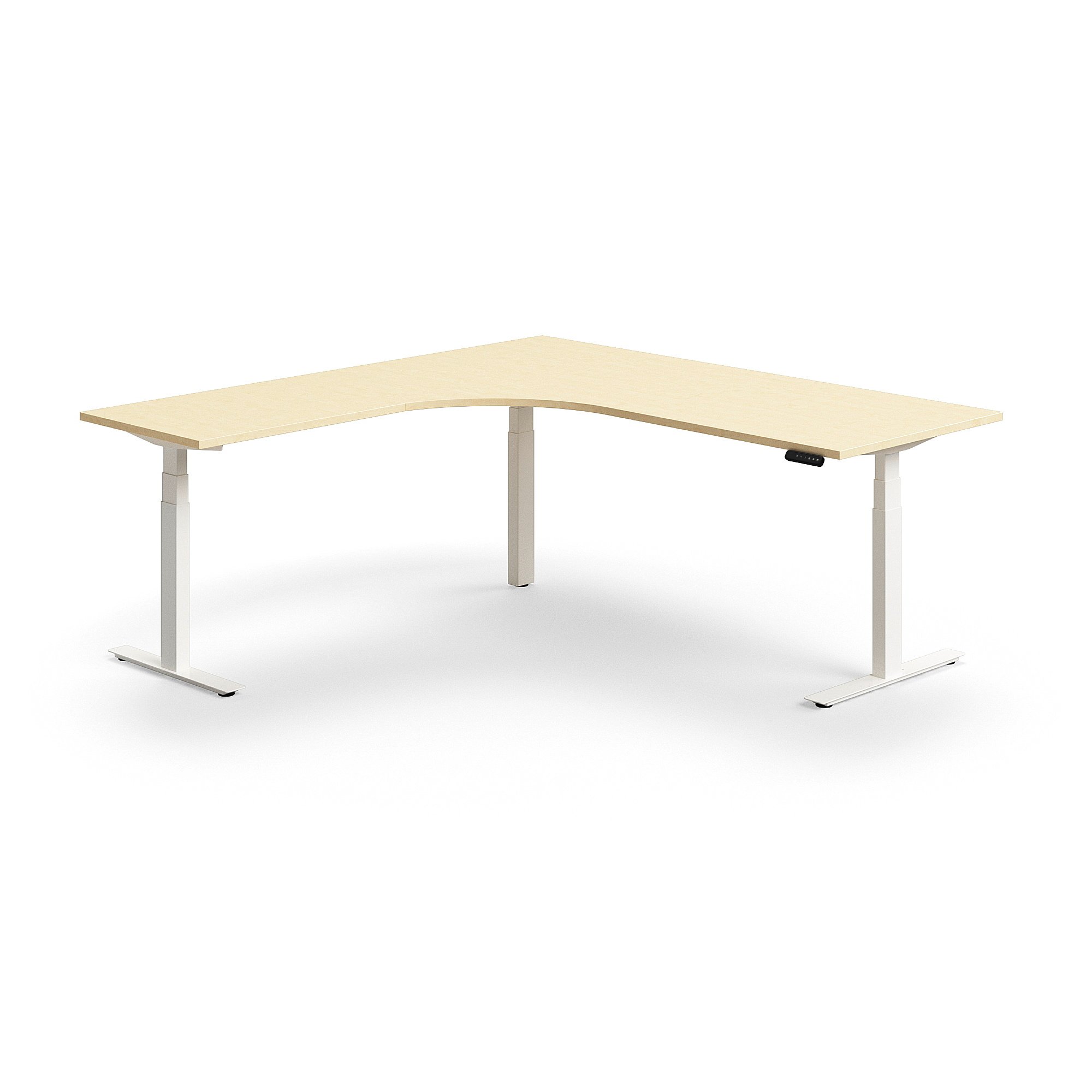 Výškově nastavitelný stůl QBUS, rohový, 2000x2000 mm, bílá podnož, bříza