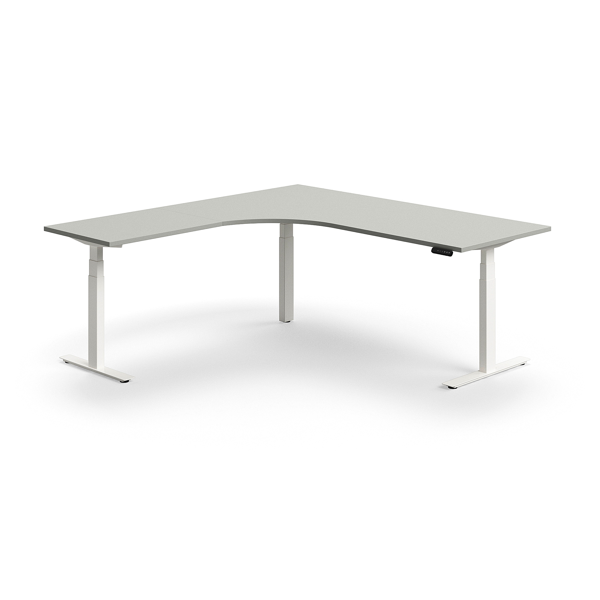 Výškově nastavitelný stůl QBUS, rohový, 2000x2000 mm, bílá podnož, světle šedá