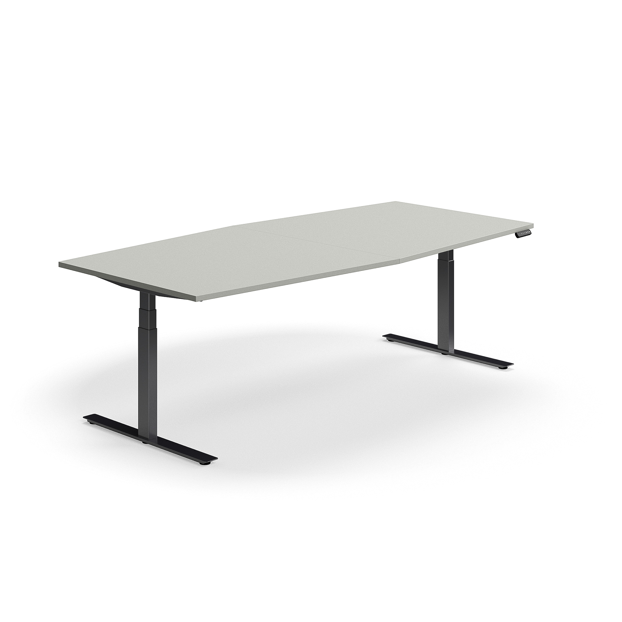 Levně Jednací stůl QBUS, výškově nastavitelný, ve tvaru sudu, 2400x1200 mm, černá podnož, světle šedá