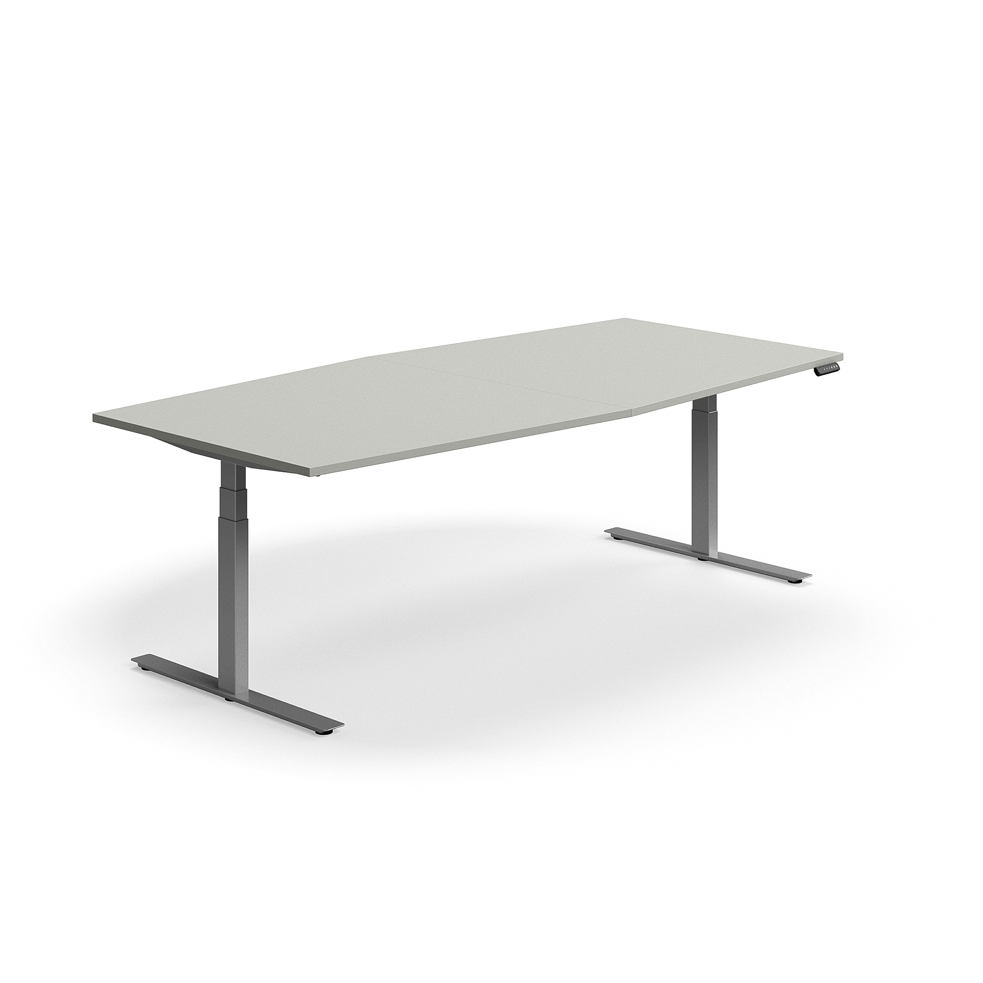 Levně Jednací stůl QBUS, výškově nastavitelný, ve tvaru sudu, 2400x1200 mm, stříbrná podnož, světle šedá