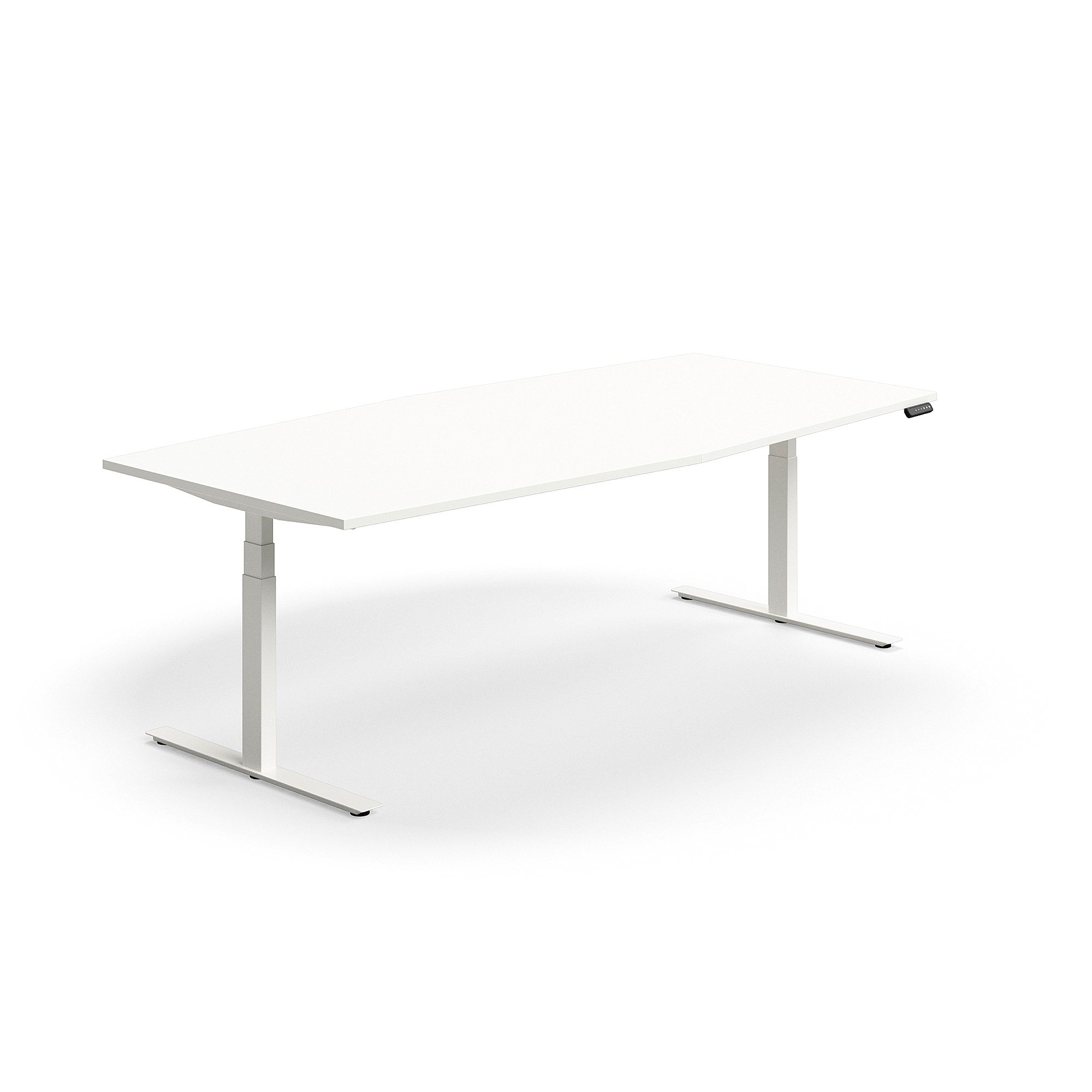 Jednací stůl QBUS, výškově nastavitelný, ve tvaru sudu, 2400x1200 mm, bílá podnož, bílá