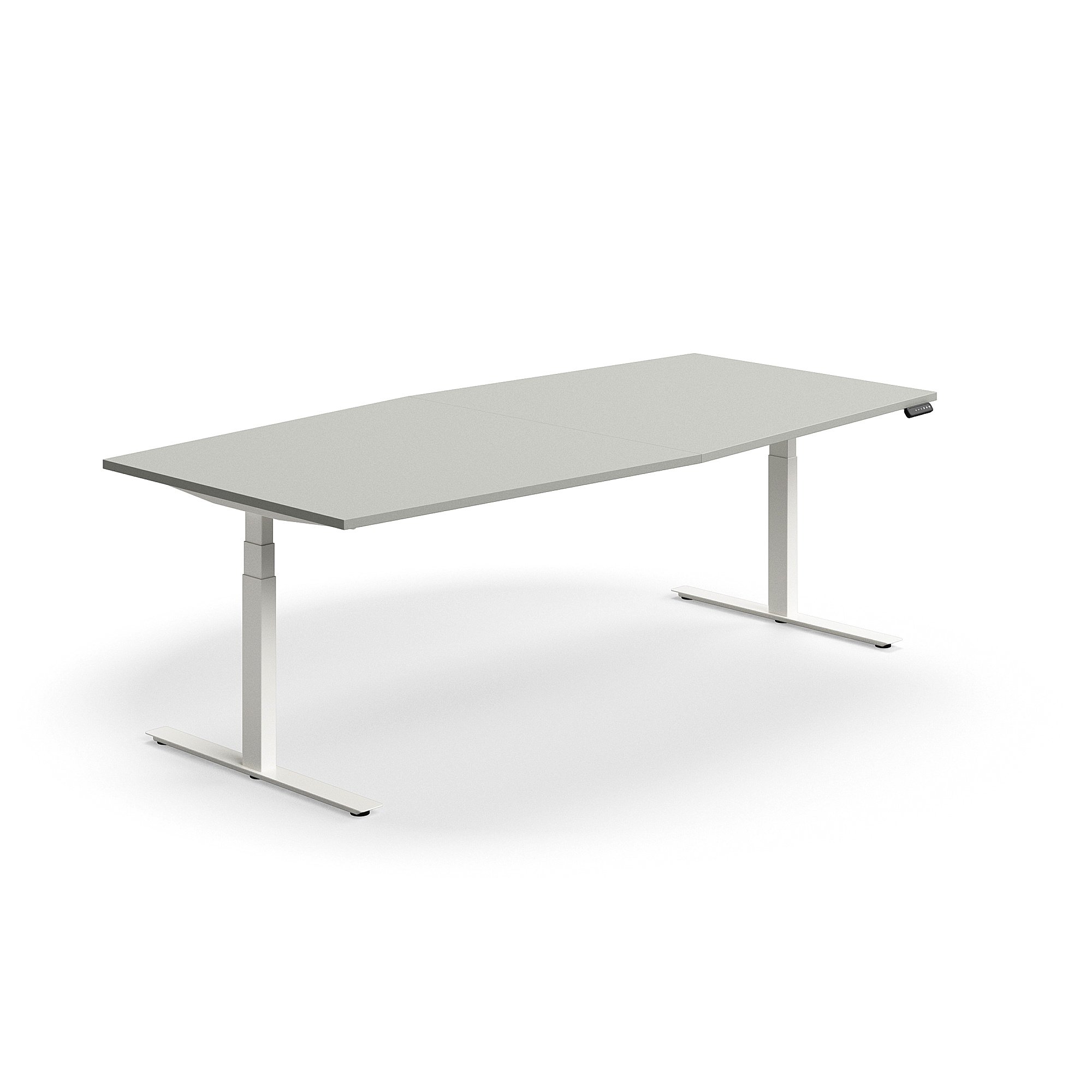 Levně Jednací stůl QBUS, výškově nastavitelný, ve tvaru sudu, 2400x1200 mm, bílá podnož, světle šedá