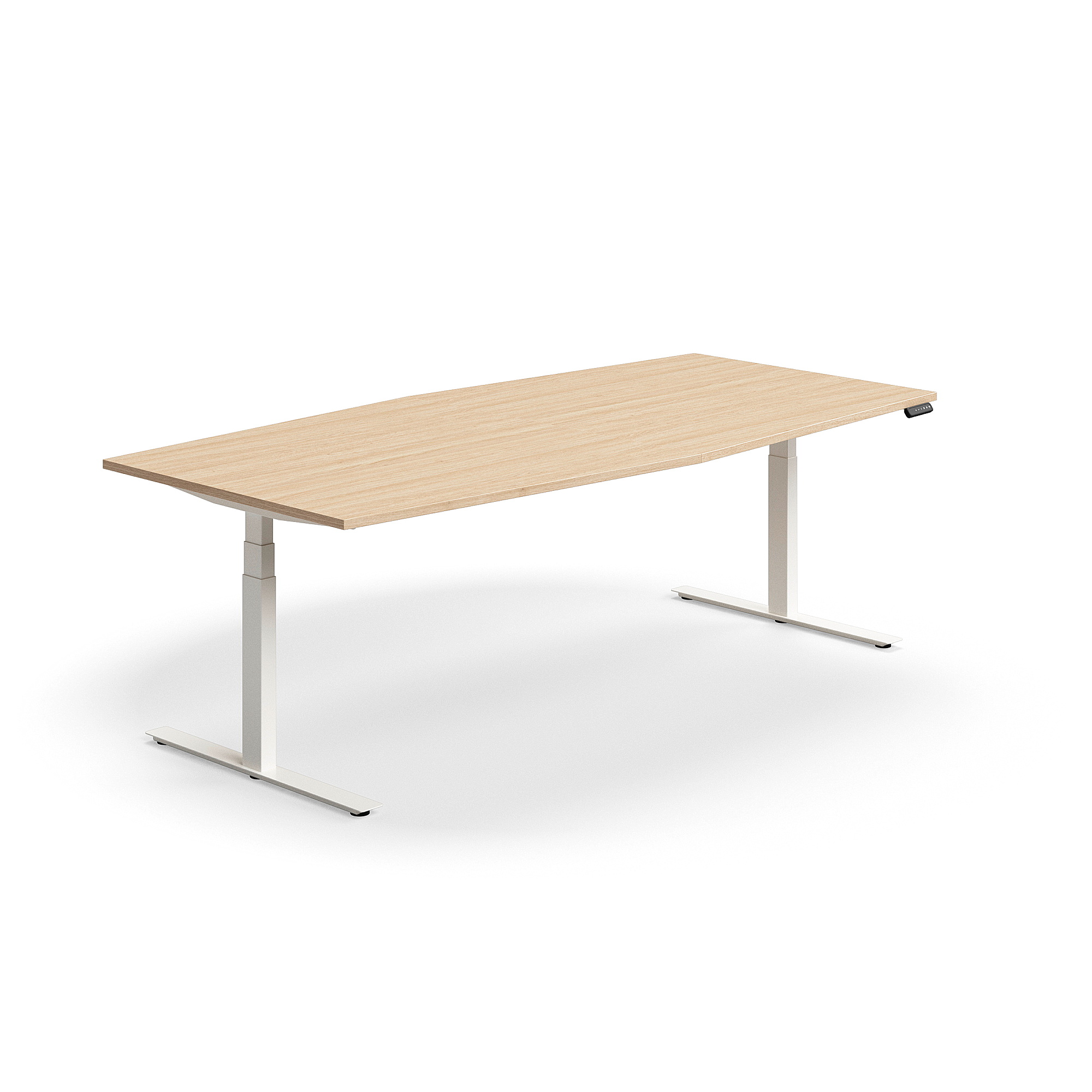 Levně Jednací stůl QBUS, výškově nastavitelný, ve tvaru sudu, 2400x1200 mm, bílá podnož, dub