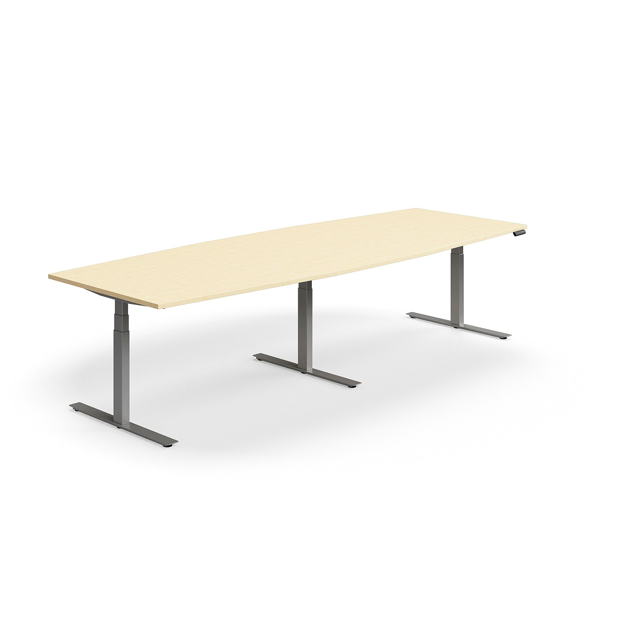 Jednací stůl QBUS, výškově nastavitelný, ve tvaru sudu, 3200x1200 mm, stříbrná podnož, bříza