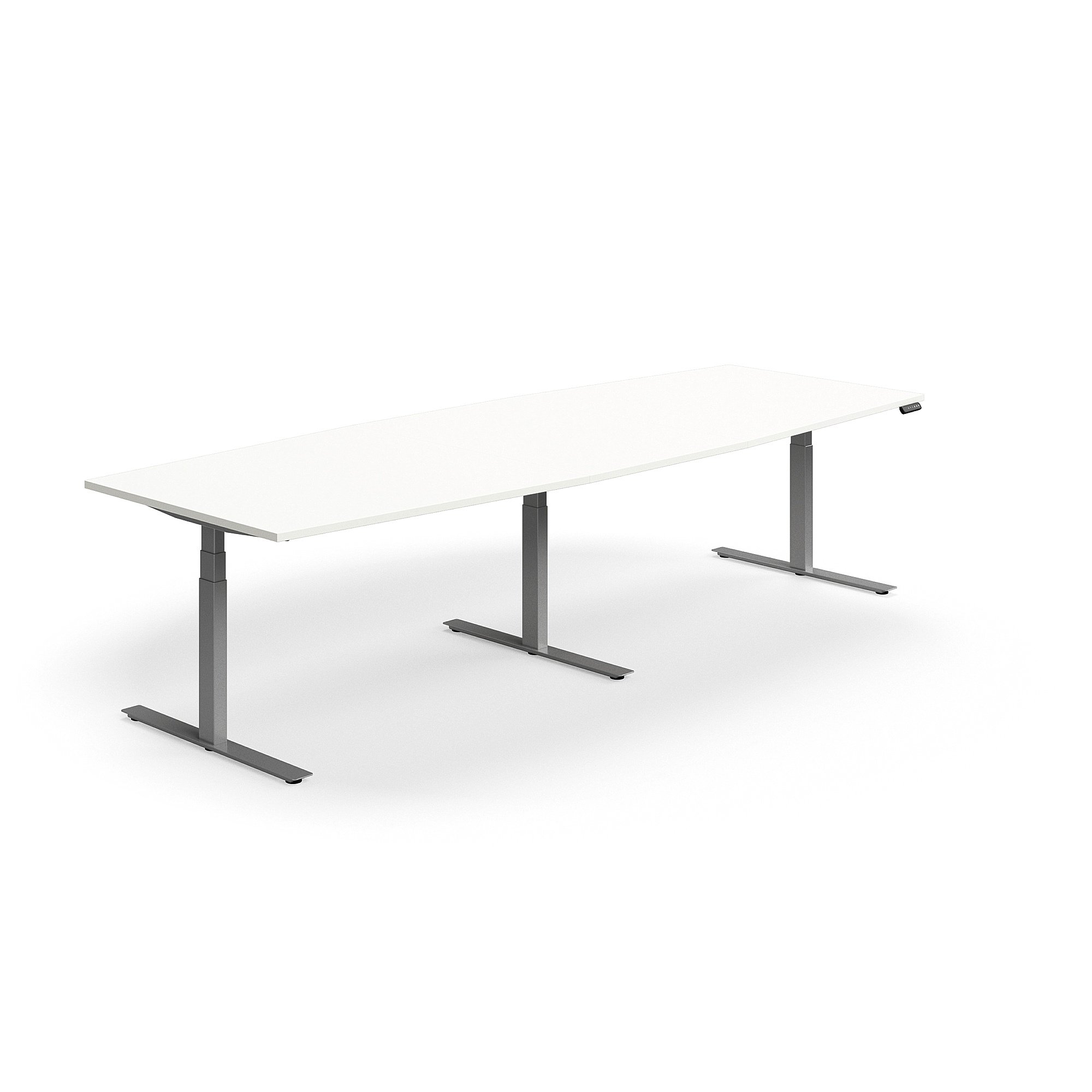 Jednací stůl QBUS, výškově nastavitelný, ve tvaru sudu, 3200x1200 mm, stříbrná podnož, bílá
