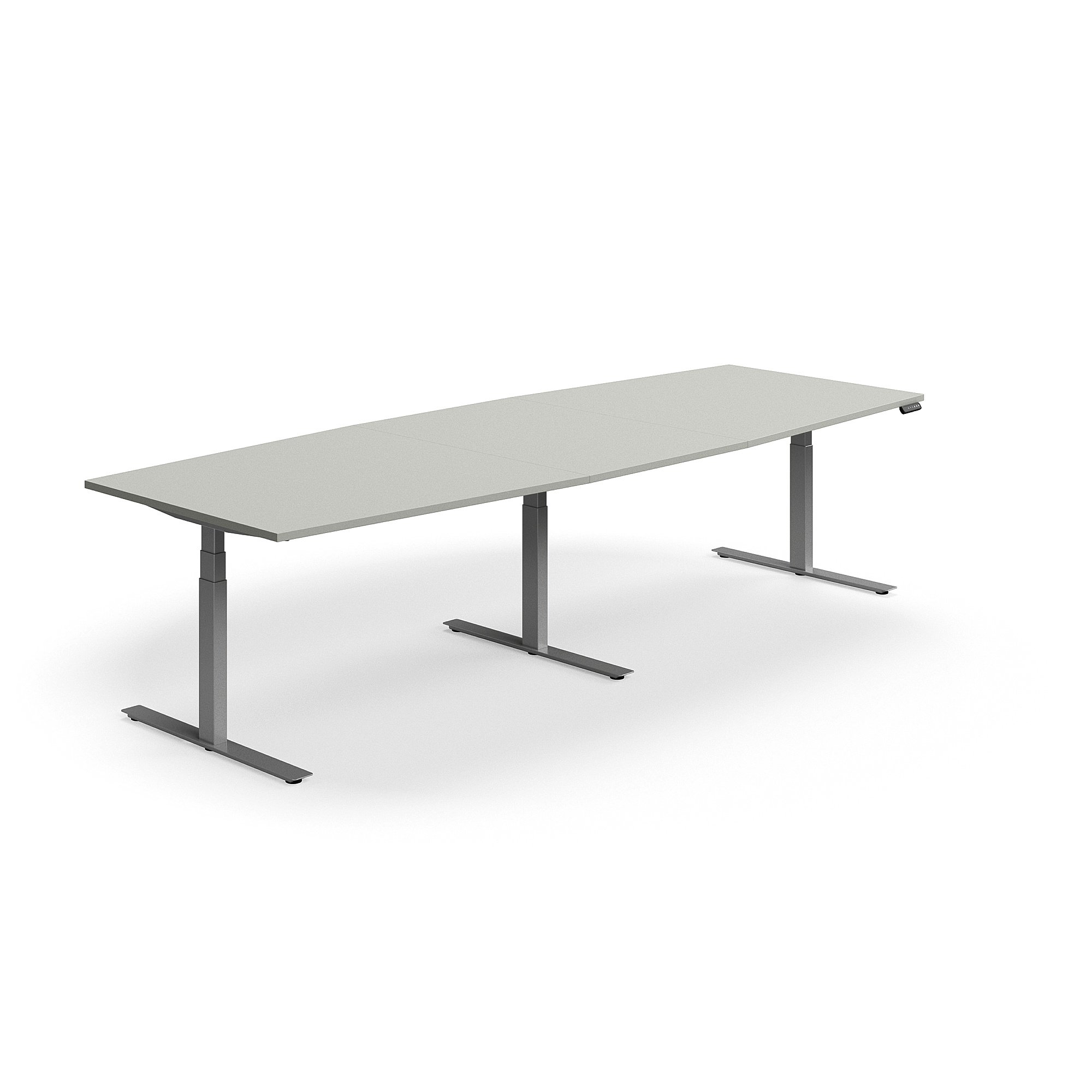 Levně Jednací stůl QBUS, výškově nastavitelný, ve tvaru sudu, 3200x1200 mm, stříbrná podnož, světle šedá