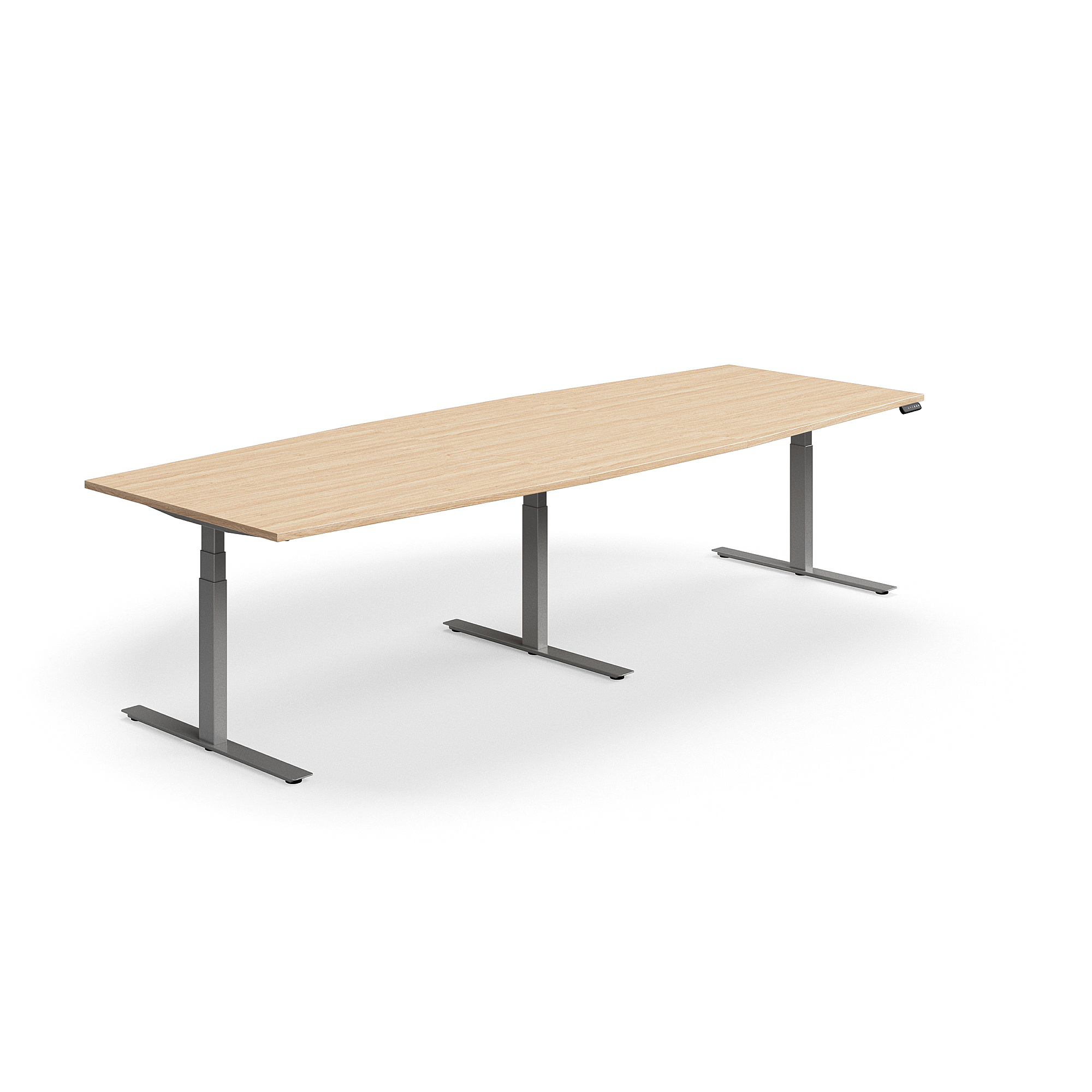 Levně Jednací stůl QBUS, výškově nastavitelný, ve tvaru sudu, 3200x1200 mm, stříbrná podnož, dub