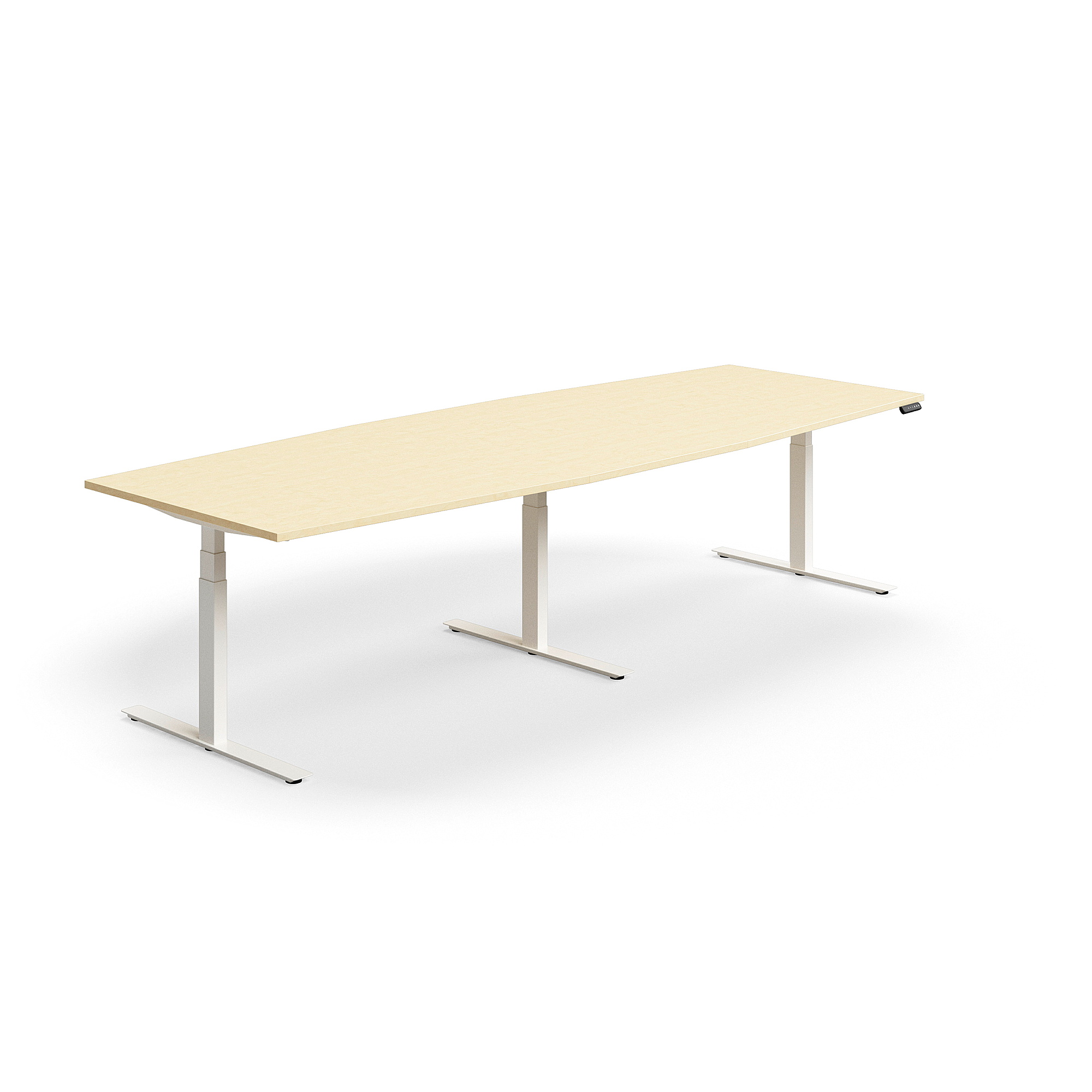 Levně Jednací stůl QBUS, výškově nastavitelný, ve tvaru sudu, 3200x1200 mm, bílá podnož, bříza