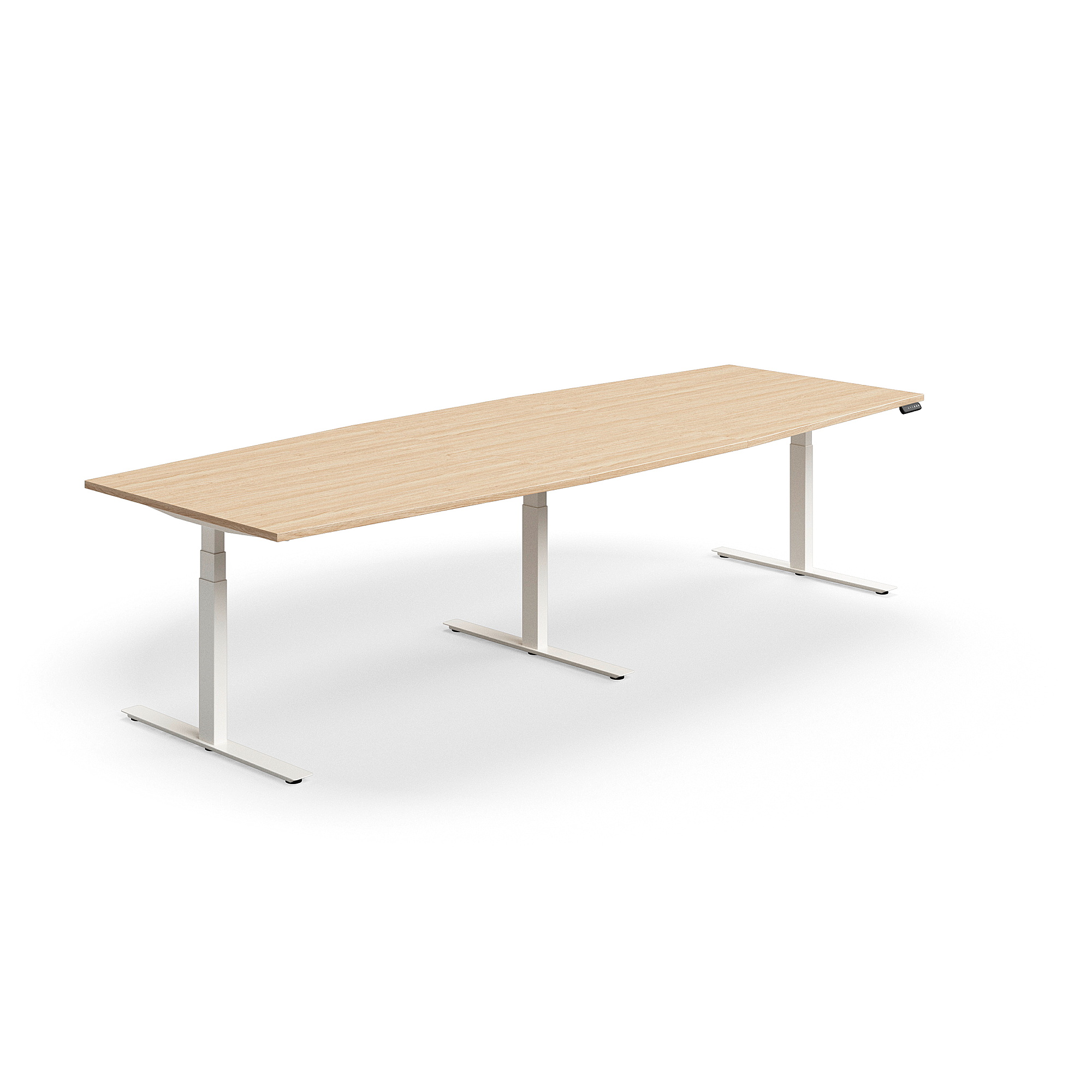 Levně Jednací stůl QBUS, výškově nastavitelný, ve tvaru sudu, 3200x1200 mm, bílá podnož, dub