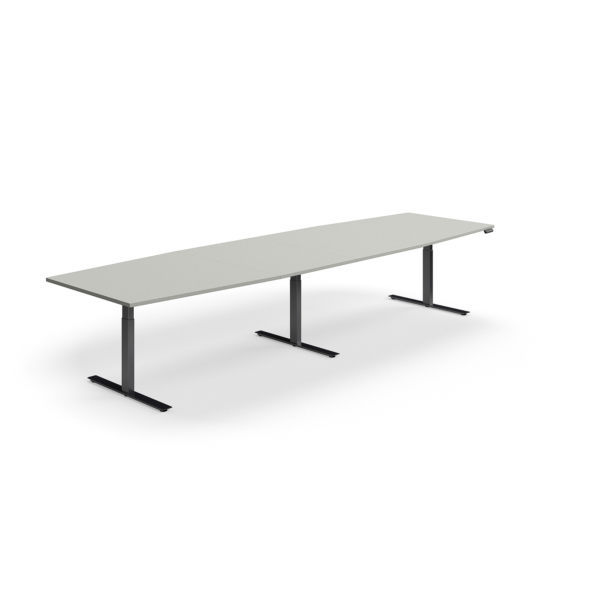 Levně Jednací stůl QBUS, výškově nastavitelný, ve tvaru sudu, 4000x1200 mm, černá podnož, světle šedá
