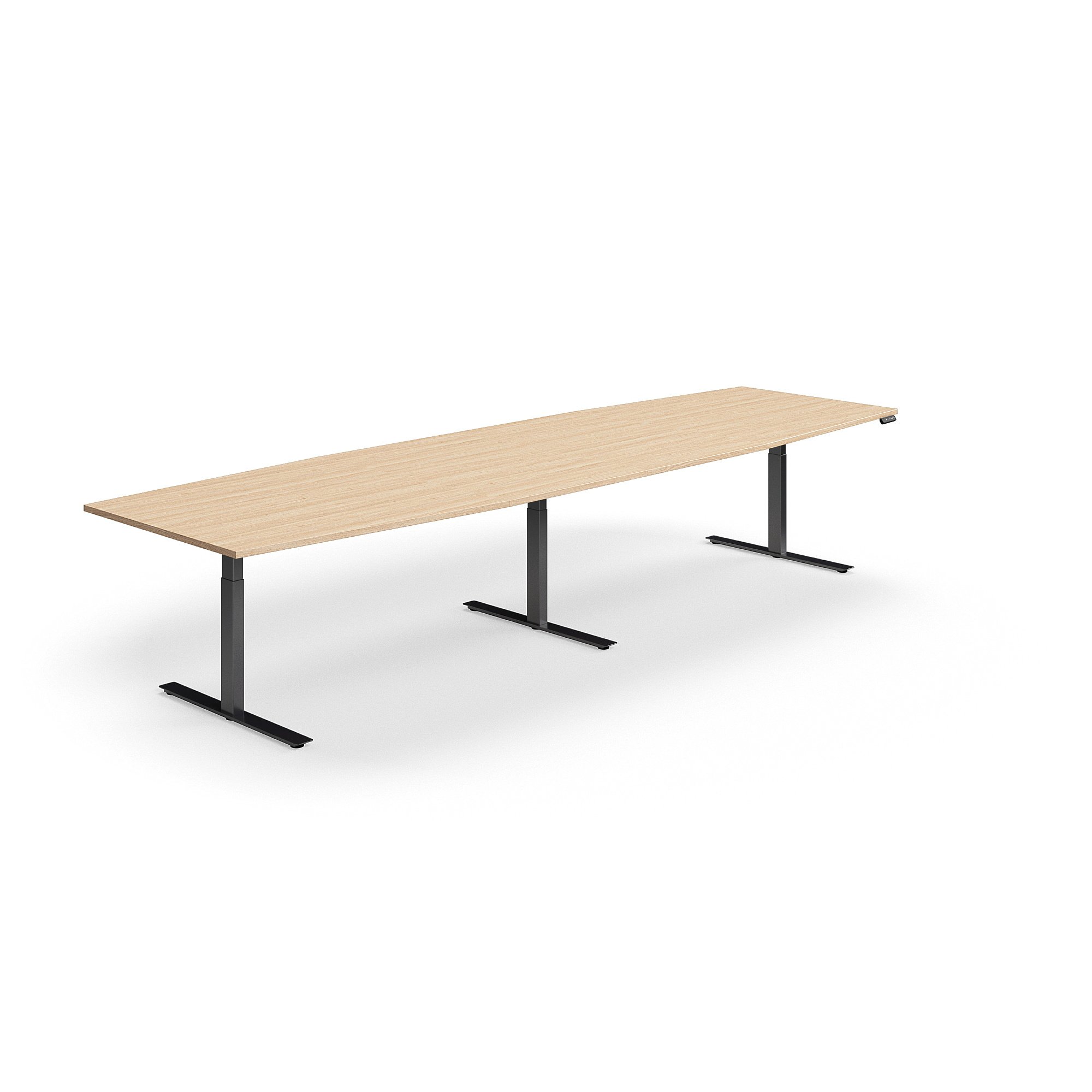 Levně Jednací stůl QBUS, výškově nastavitelný, ve tvaru sudu, 4000x1200 mm, černá podnož, dub