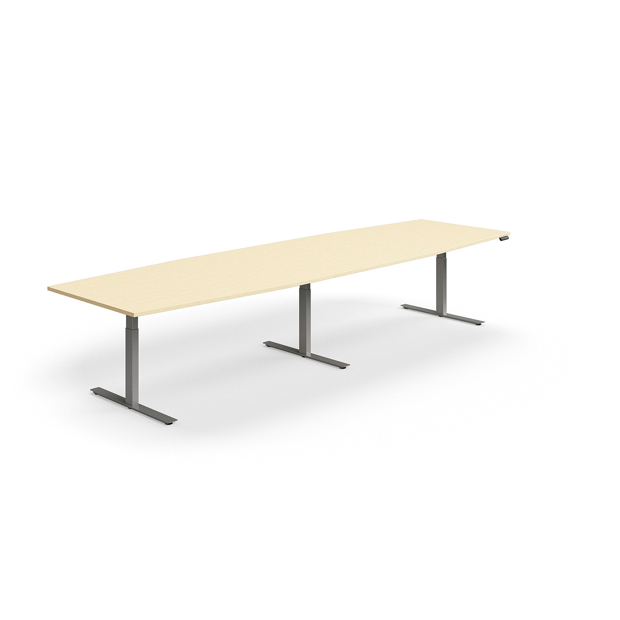 Jednací stůl QBUS, výškově nastavitelný, ve tvaru sudu, 4000x1200 mm, stříbrná podnož, bříza
