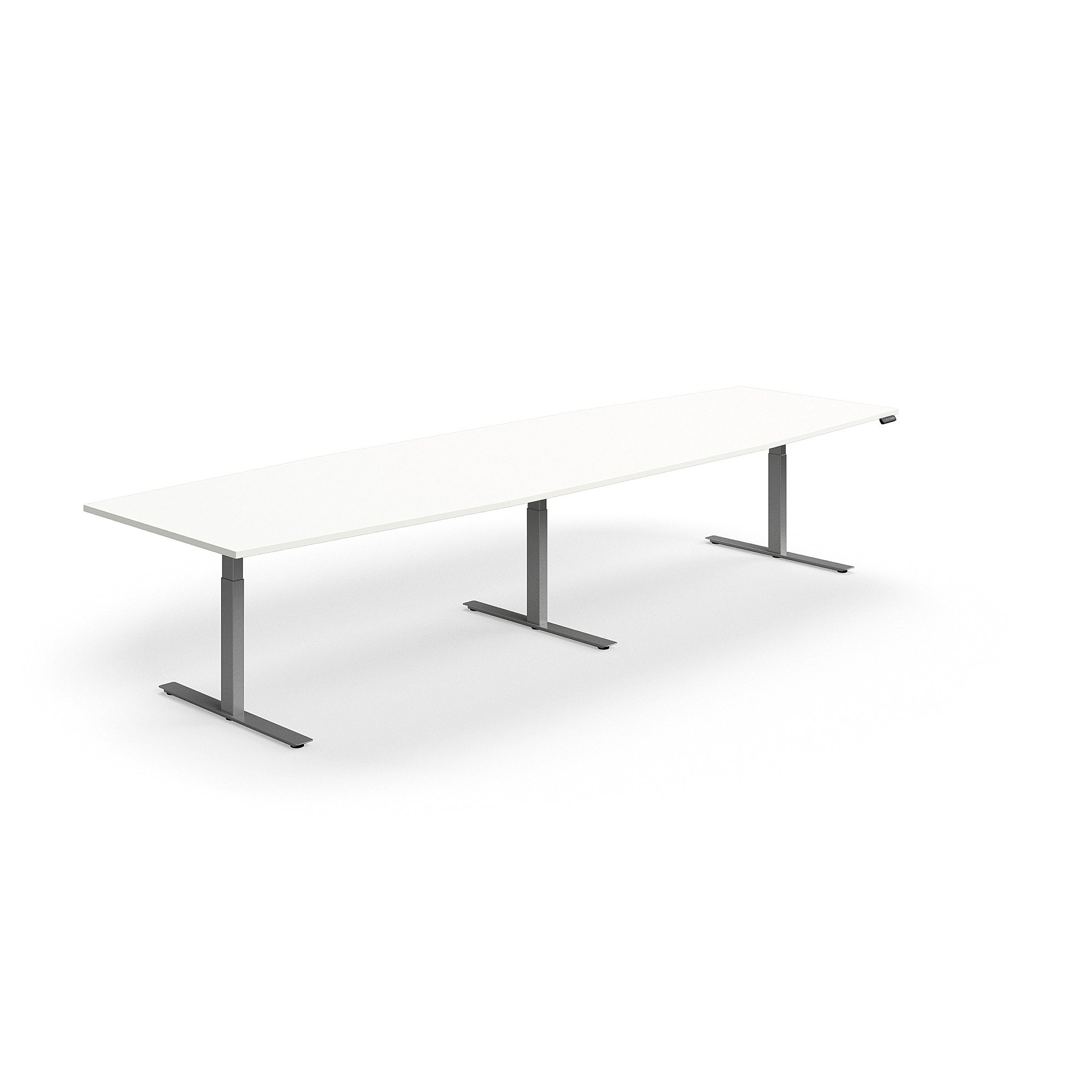 Jednací stůl QBUS, výškově nastavitelný, ve tvaru sudu, 4000x1200 mm, stříbrná podnož, bílá