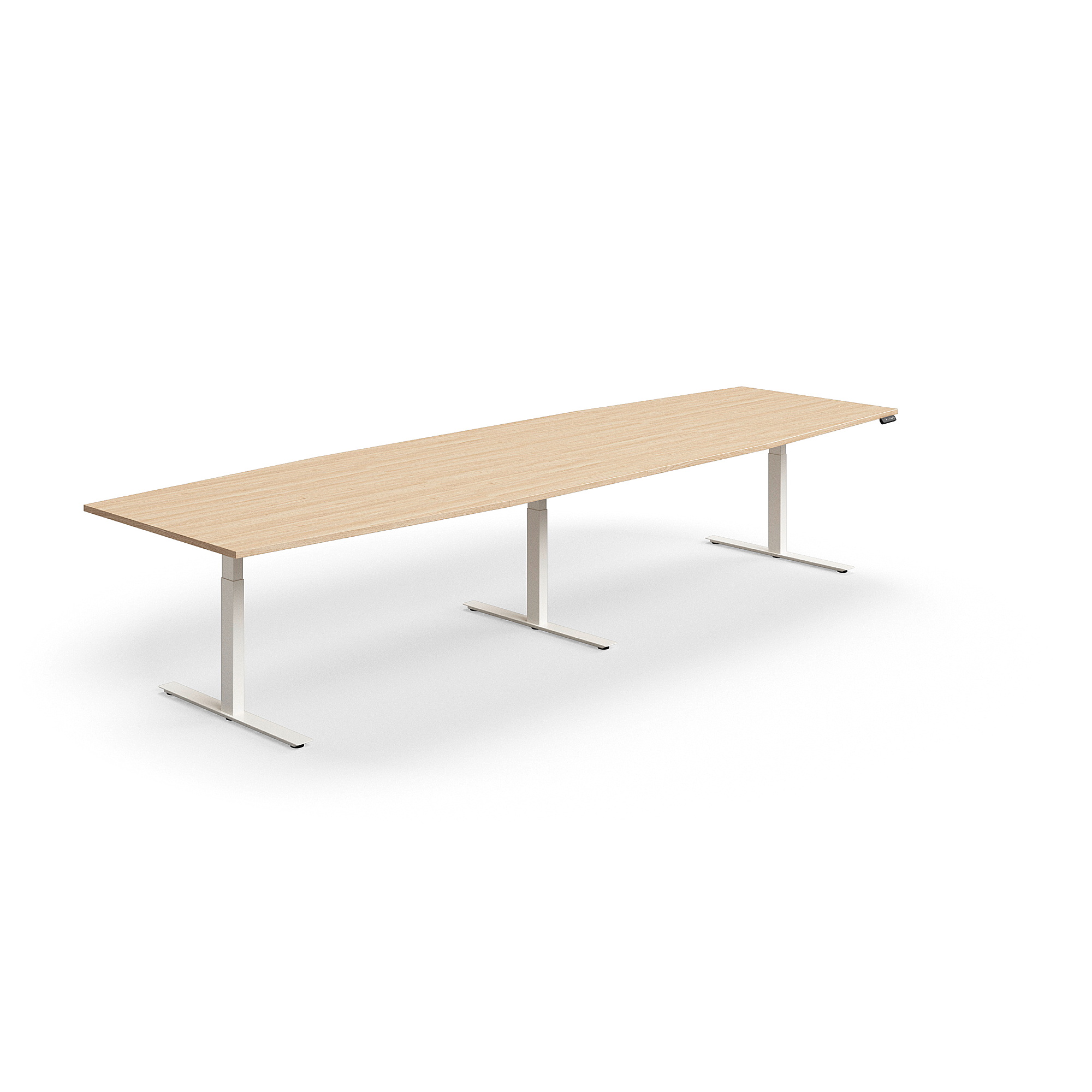 Levně Jednací stůl QBUS, výškově nastavitelný, ve tvaru sudu, 4000x1200 mm, bílá podnož, dub