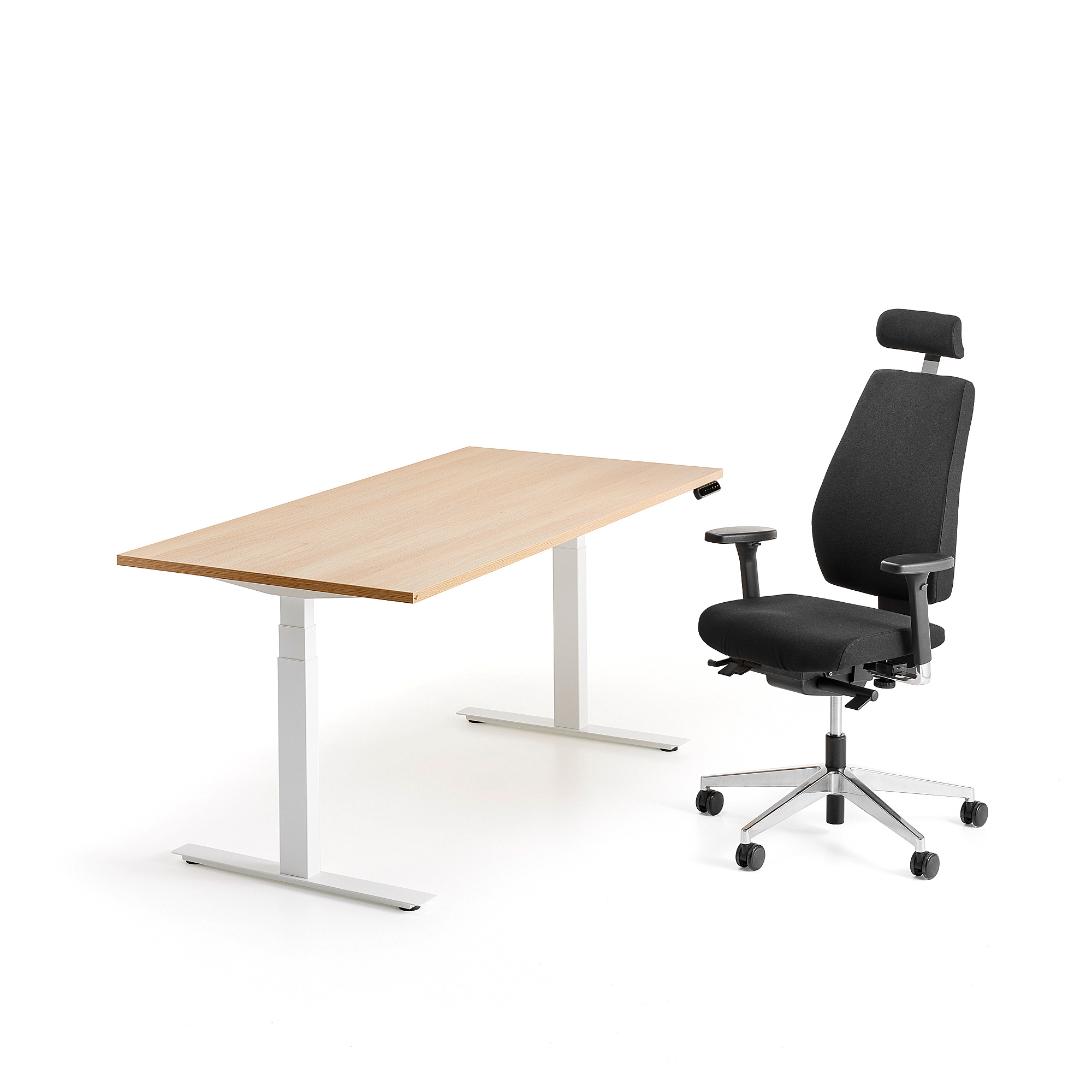 Levně Sestava QBUS + WATFORD, výškově nastavitelný stůl, bílá/dub + kancelářská židle, černá