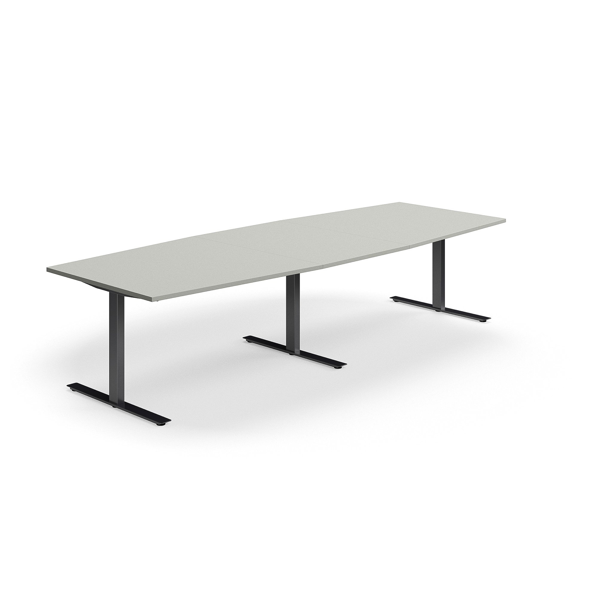 Levně Jednací stůl QBUS, T-nohy, 3200x1200 mm, tvar člunu, černá podnož, světle šedá