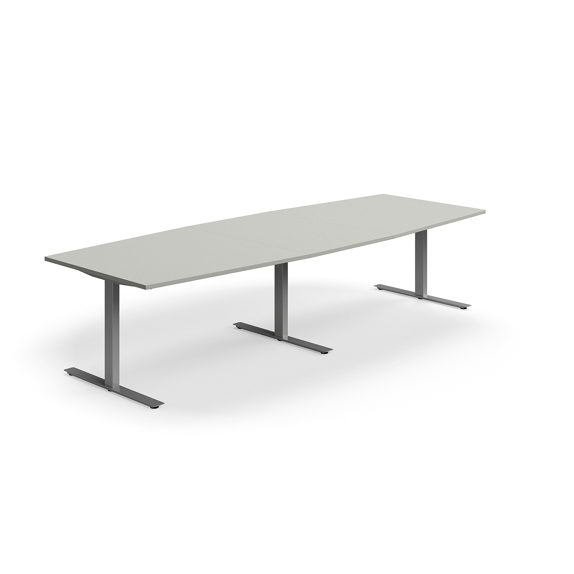 Jednací stůl QBUS, T-nohy, 3200x1200 mm, tvar člunu, stříbrná podnož, světle šedá