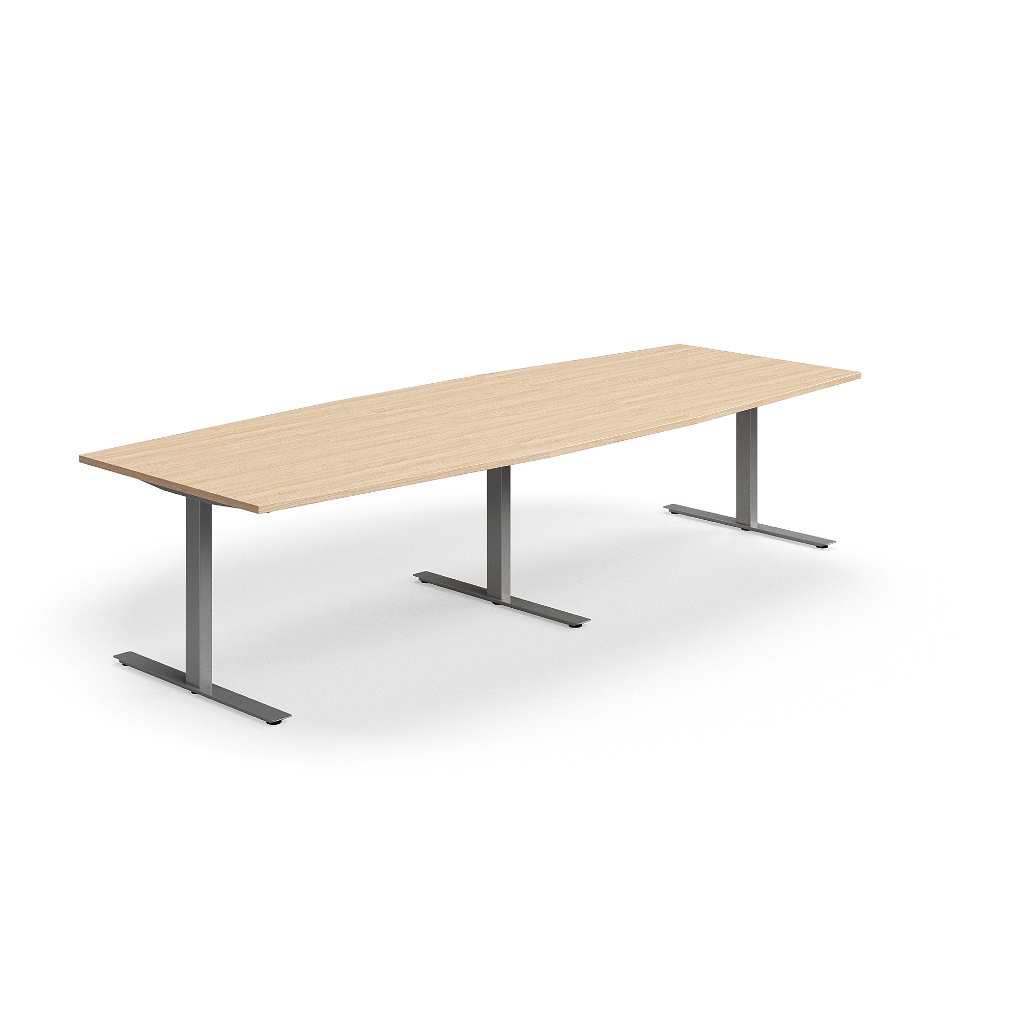 Levně Jednací stůl QBUS, T-nohy, 3200x1200 mm, tvar člunu, stříbrná podnož, dub