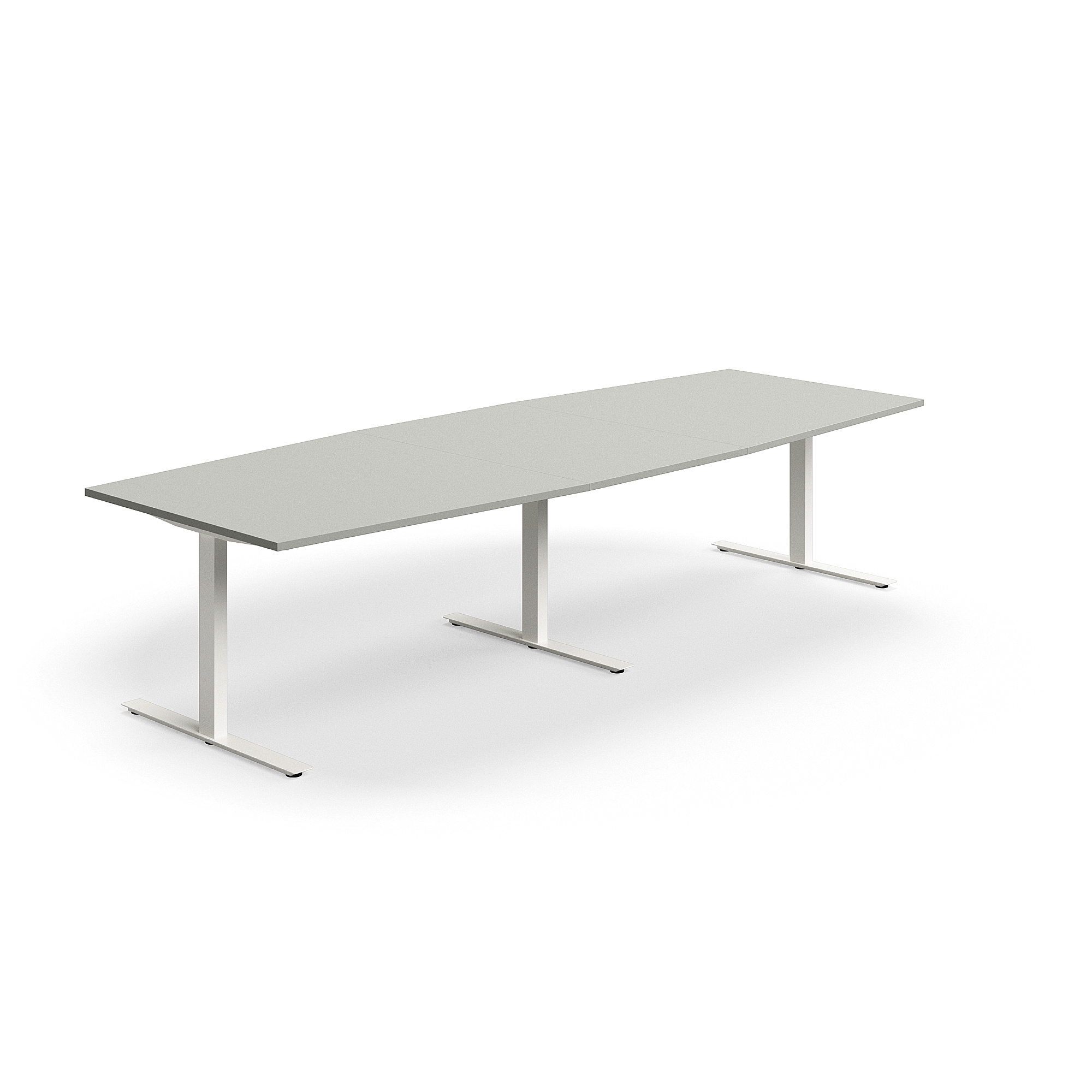 Levně Jednací stůl QBUS, T-nohy, 3200x1200 mm, tvar člunu, bílá podnož, světle šedá