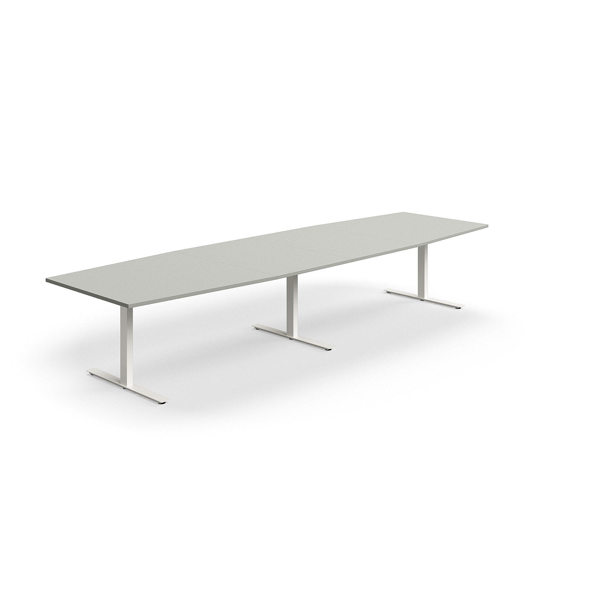 Levně Jednací stůl QBUS, T-nohy, 4000x1200 mm, tvar člunu, bílá podnož, světle šedá