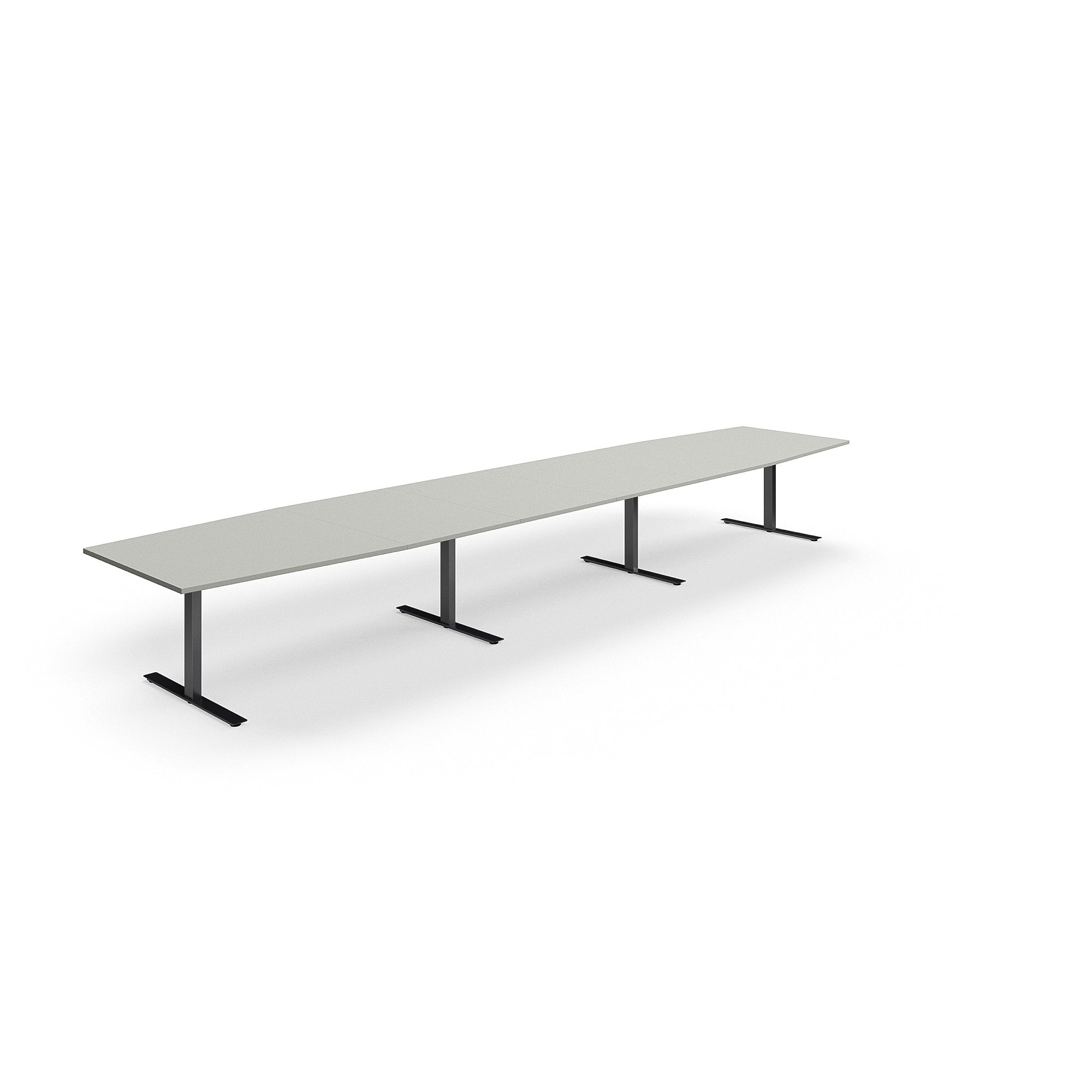 Levně Jednací stůl QBUS, T-nohy, 5600x1200 mm, tvar člunu, černá podnož, světle šedá