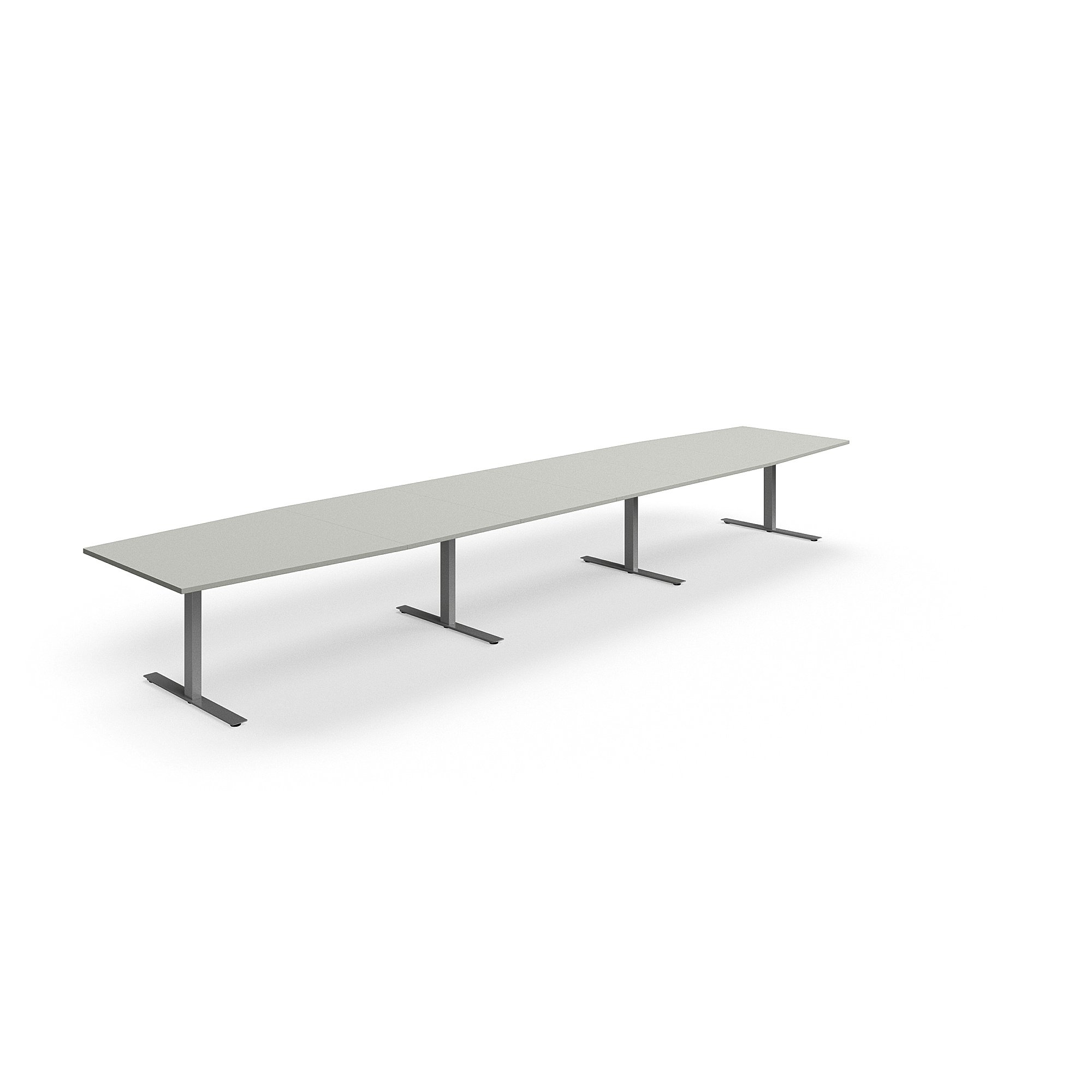 Levně Jednací stůl QBUS, T-nohy, 5600x1200 mm, tvar člunu, stříbrná podnož, světle šedá