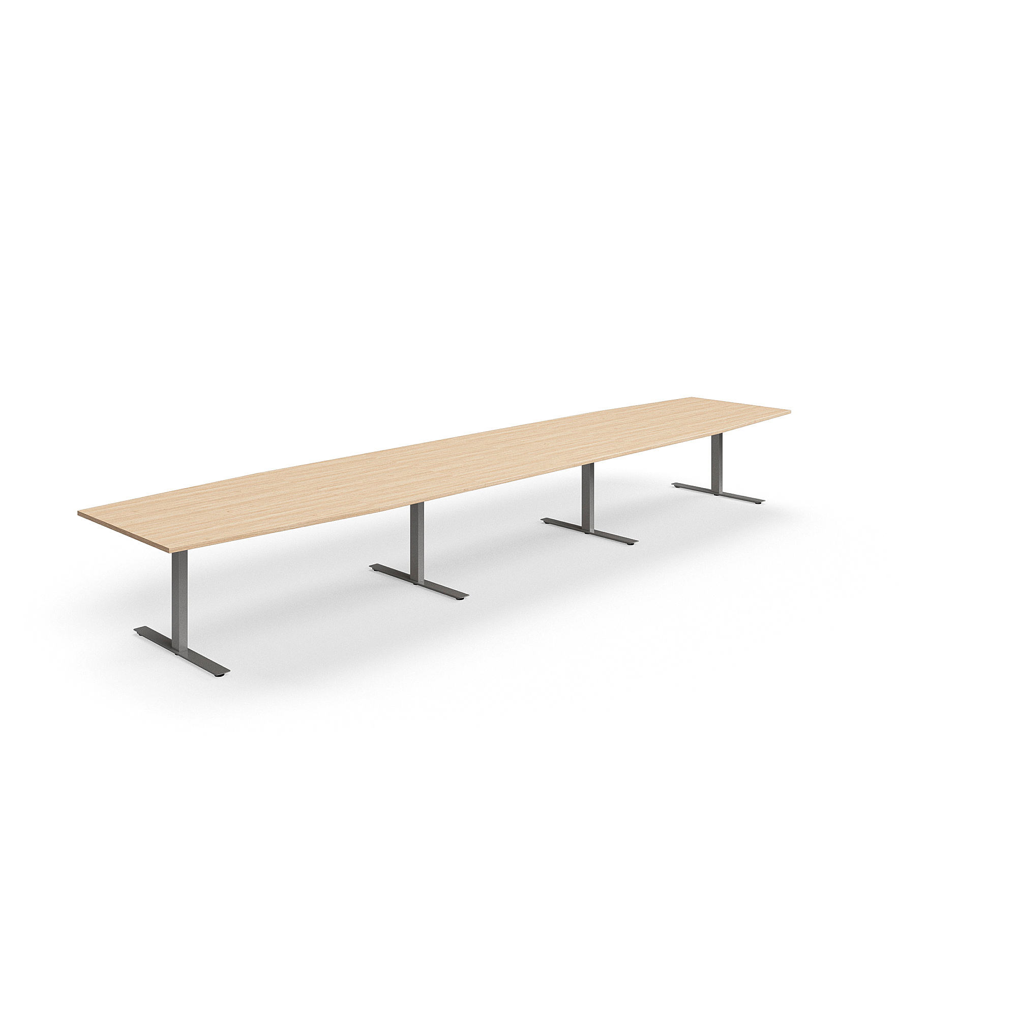 Jednací stůl QBUS, T-nohy, 5600x1200 mm, tvar člunu, stříbrná podnož, dub