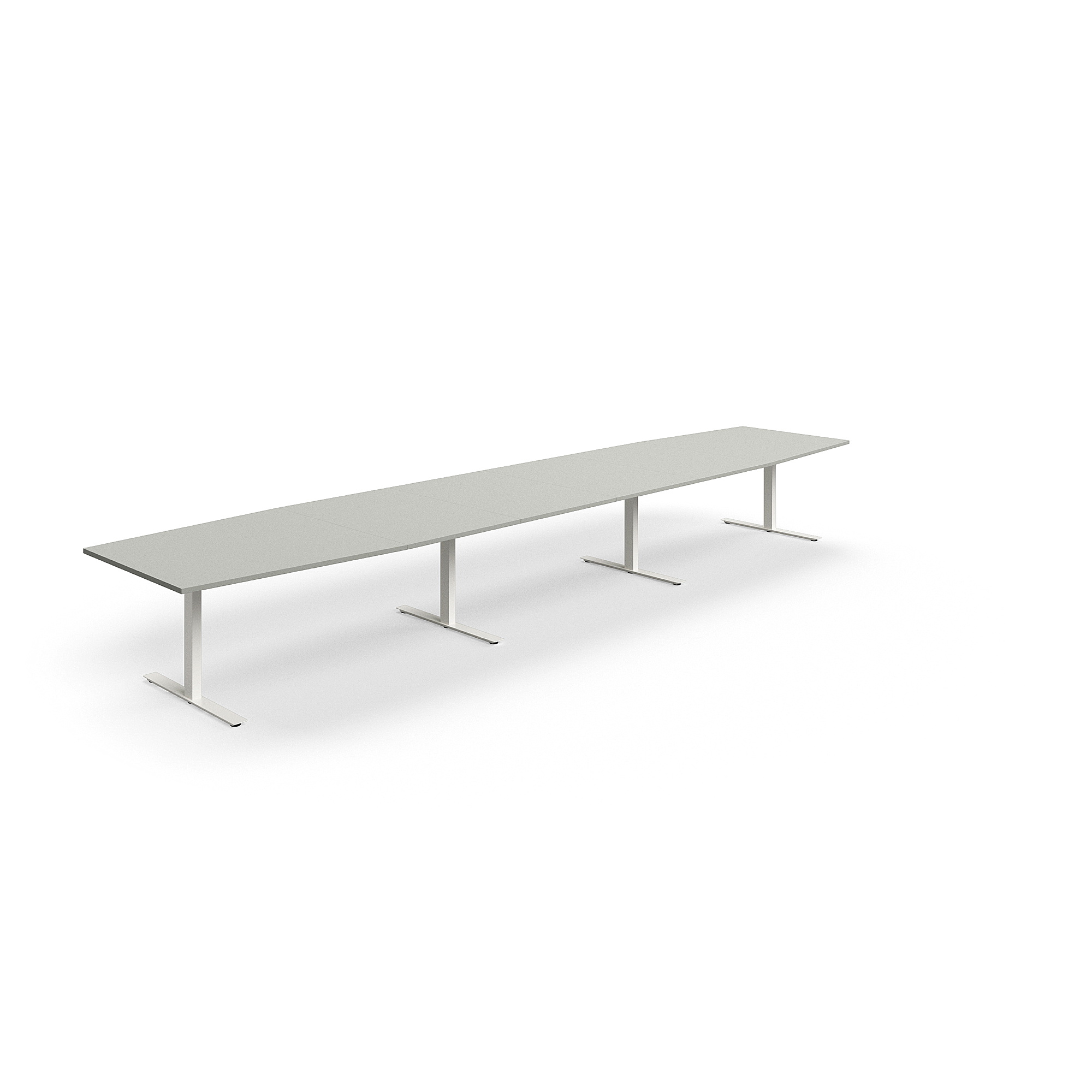 Levně Jednací stůl QBUS, T-nohy, 5600x1200 mm, tvar člunu, bílá podnož, světle šedá