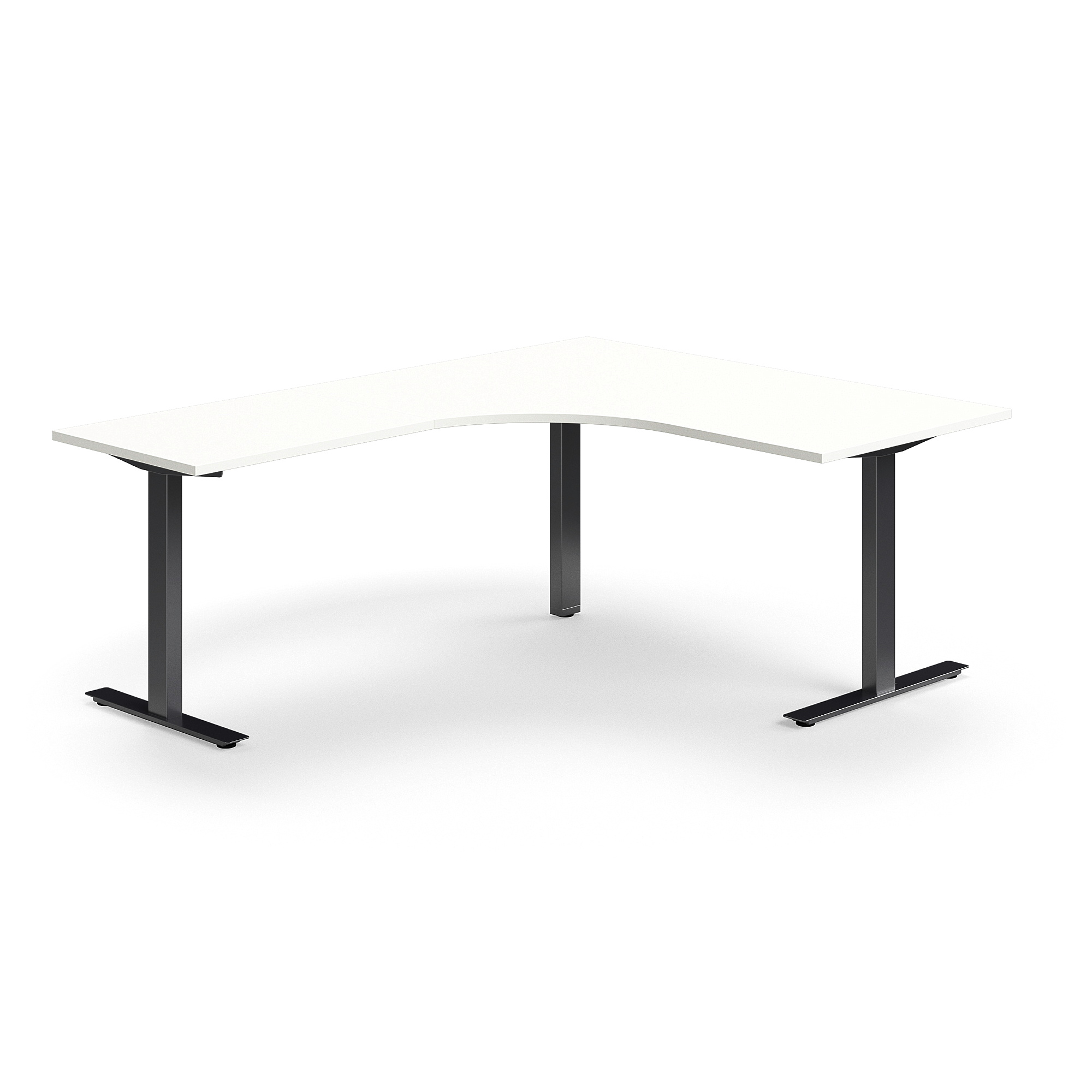 Levně Rohový psací stůl QBUS, T-nohy, 1600x2000 mm, černá podnož, bílá