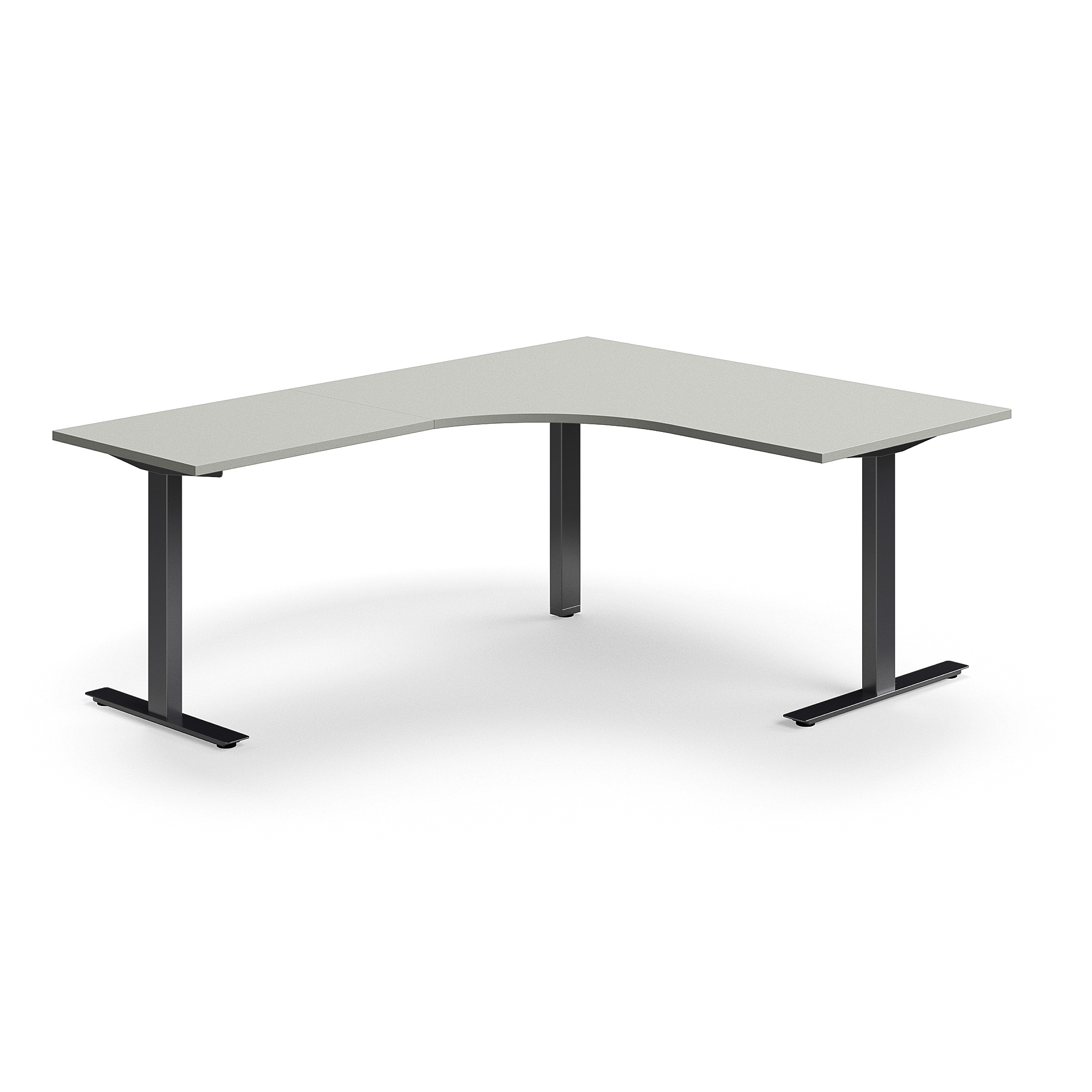 Levně Rohový psací stůl QBUS, T-nohy, 1600x2000 mm, černá podnož, světle šedá