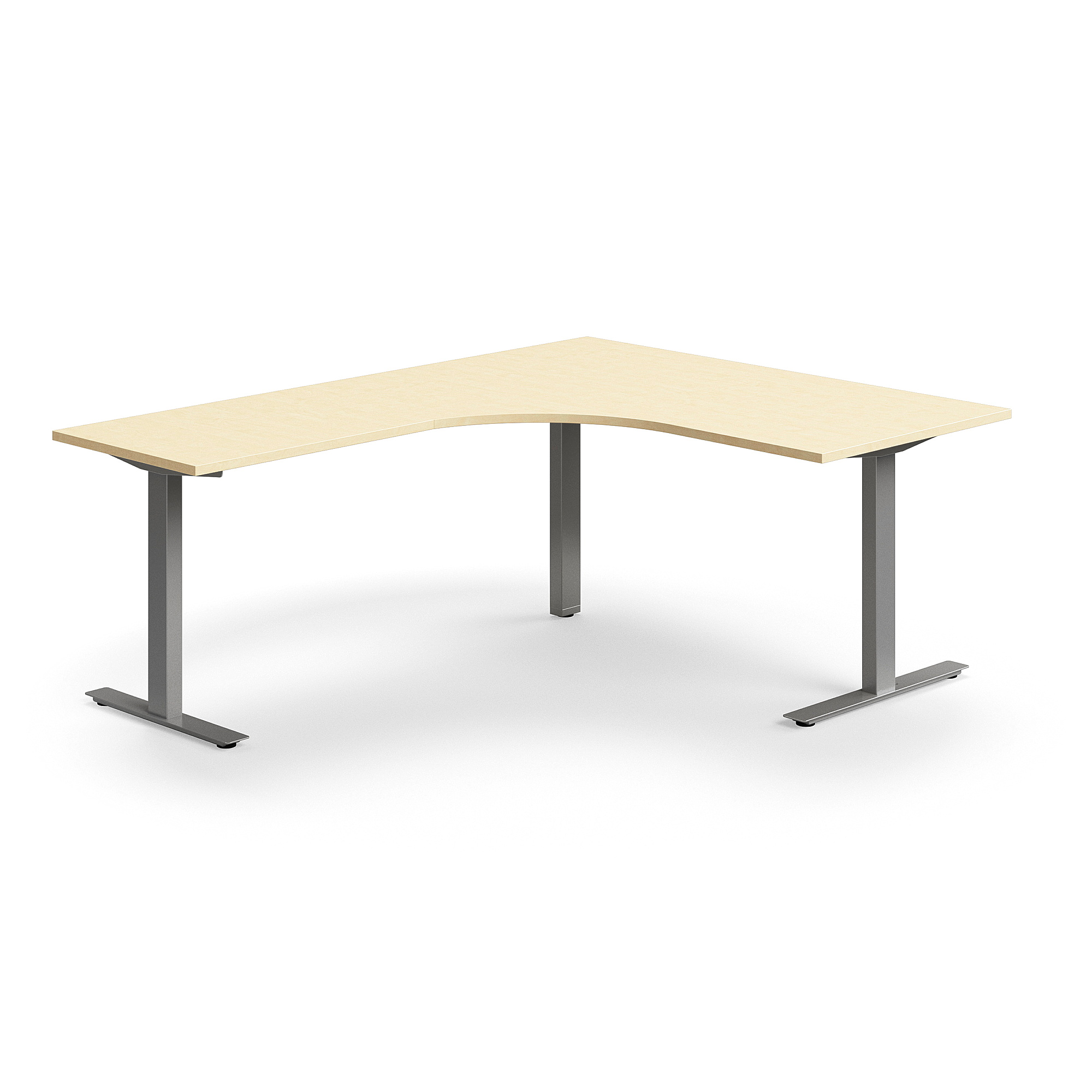 Levně Rohový psací stůl QBUS, T-nohy, 1600x2000 mm, stříbrná podnož, bříza