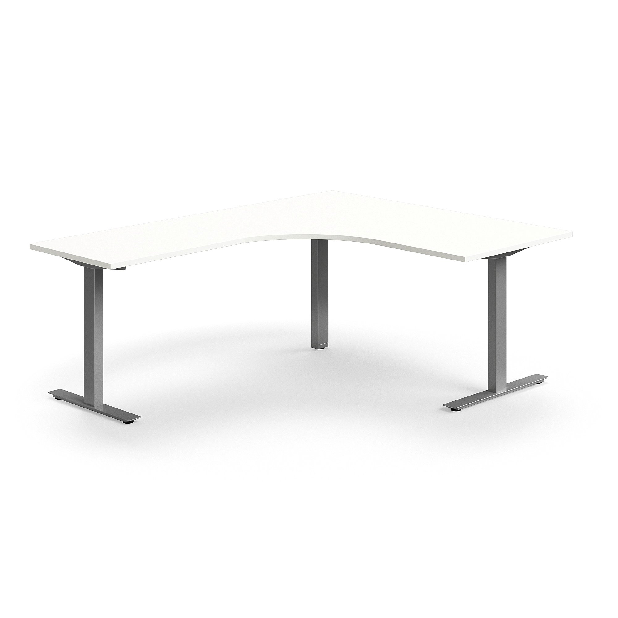 Levně Rohový psací stůl QBUS, T-nohy, 1600x2000 mm, stříbrná podnož, bílá