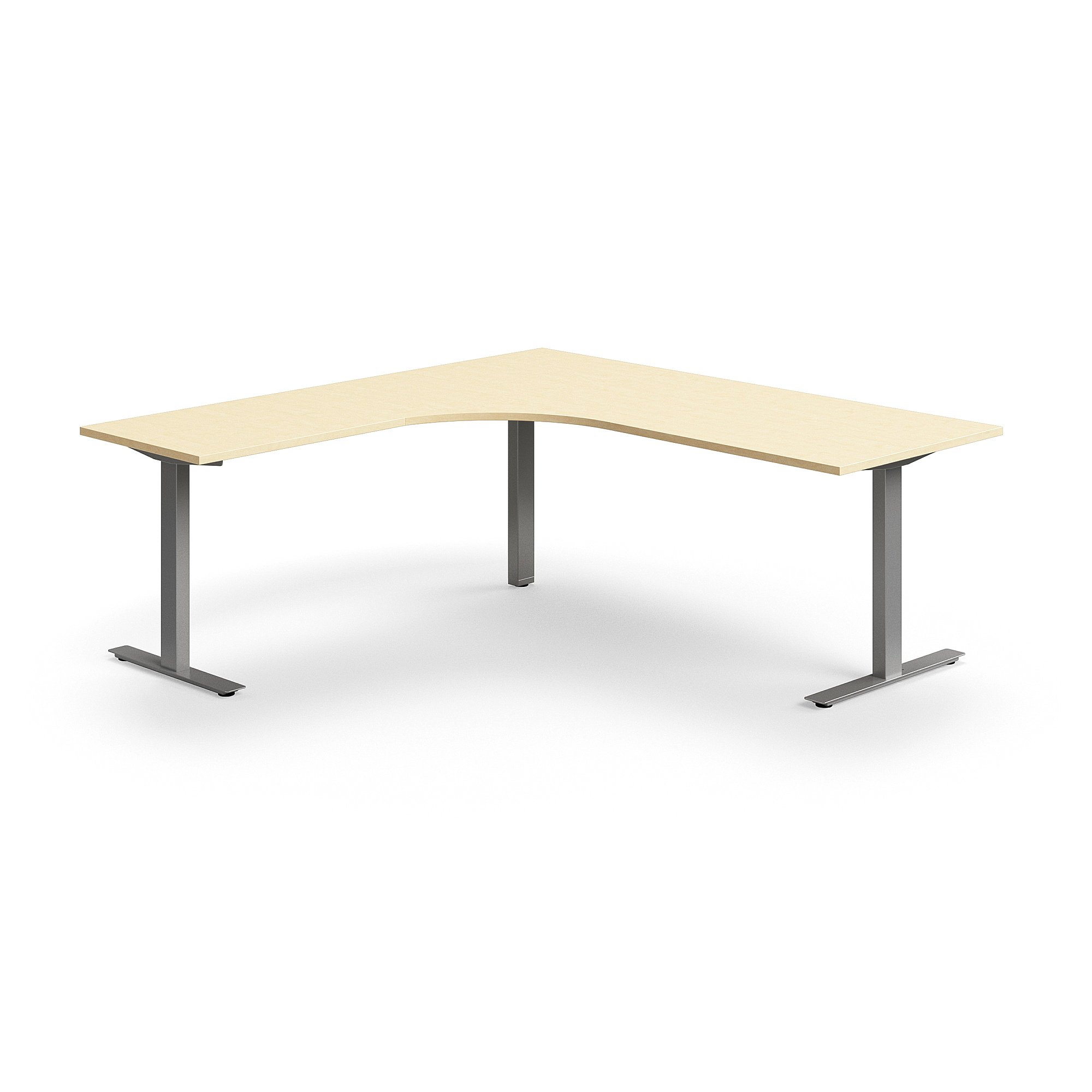Rohový psací stůl QBUS, T-nohy, 2000x2000 mm, stříbrná podnož, bříza