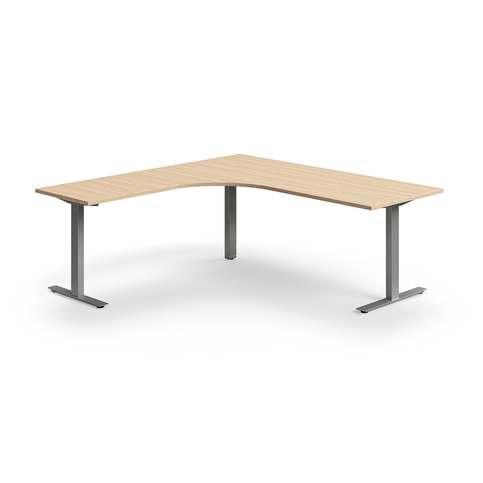 Rohový psací stůl QBUS, T-nohy, 2000x2000 mm, stříbrná podnož, dub