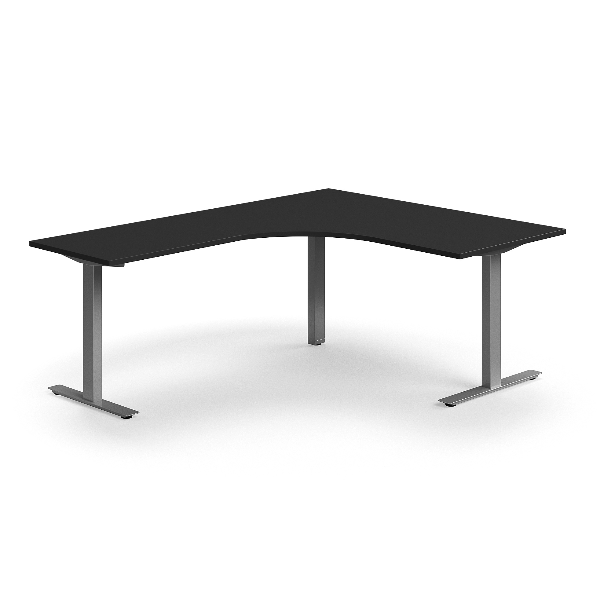 Levně Rohový psací stůl QBUS, T-nohy, 1600x2000 mm, stříbrná podnož, černá