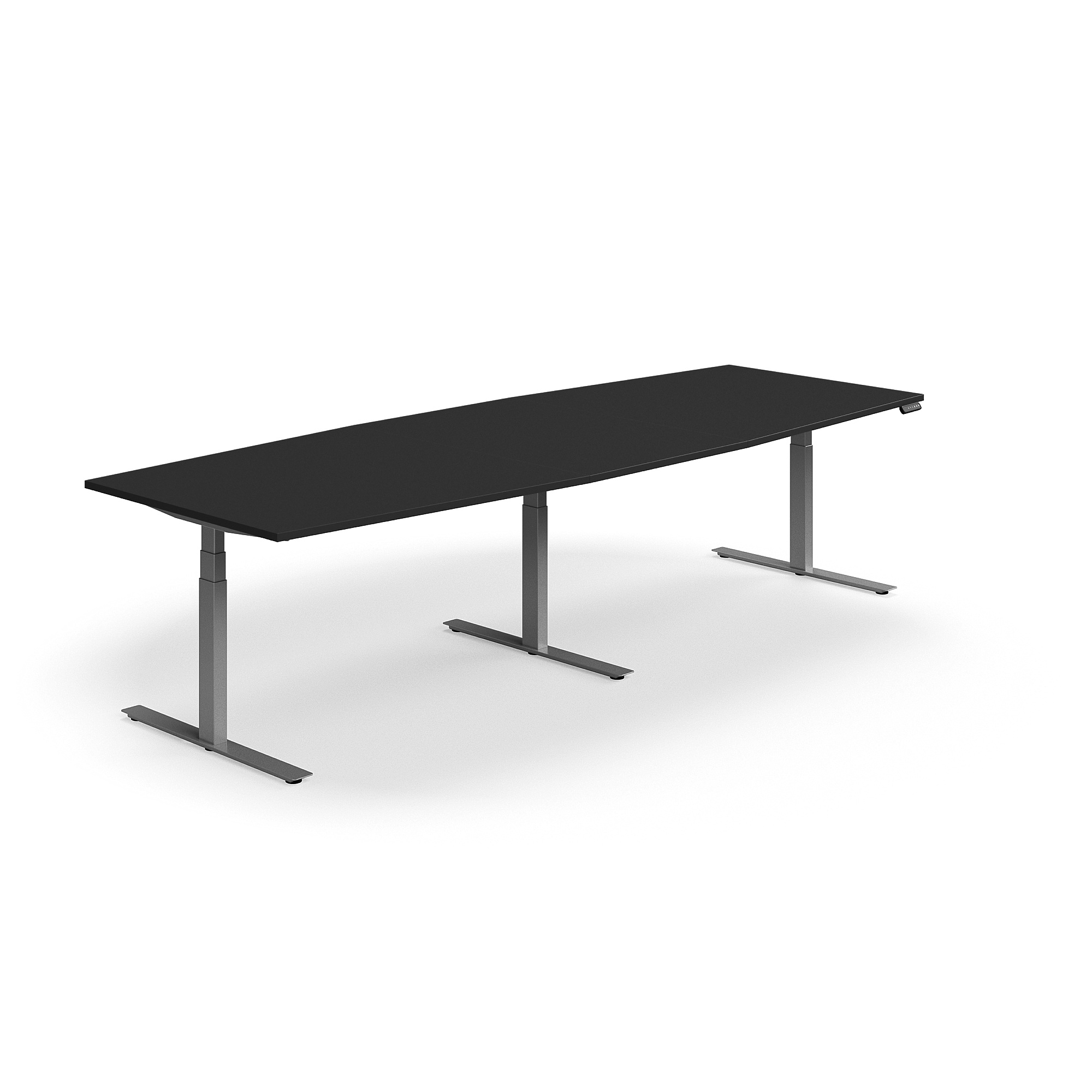 Jednací stůl QBUS, výškově nastavitelný, 3200x1200 mm, tvar člunu, stříbrná podnož, černá