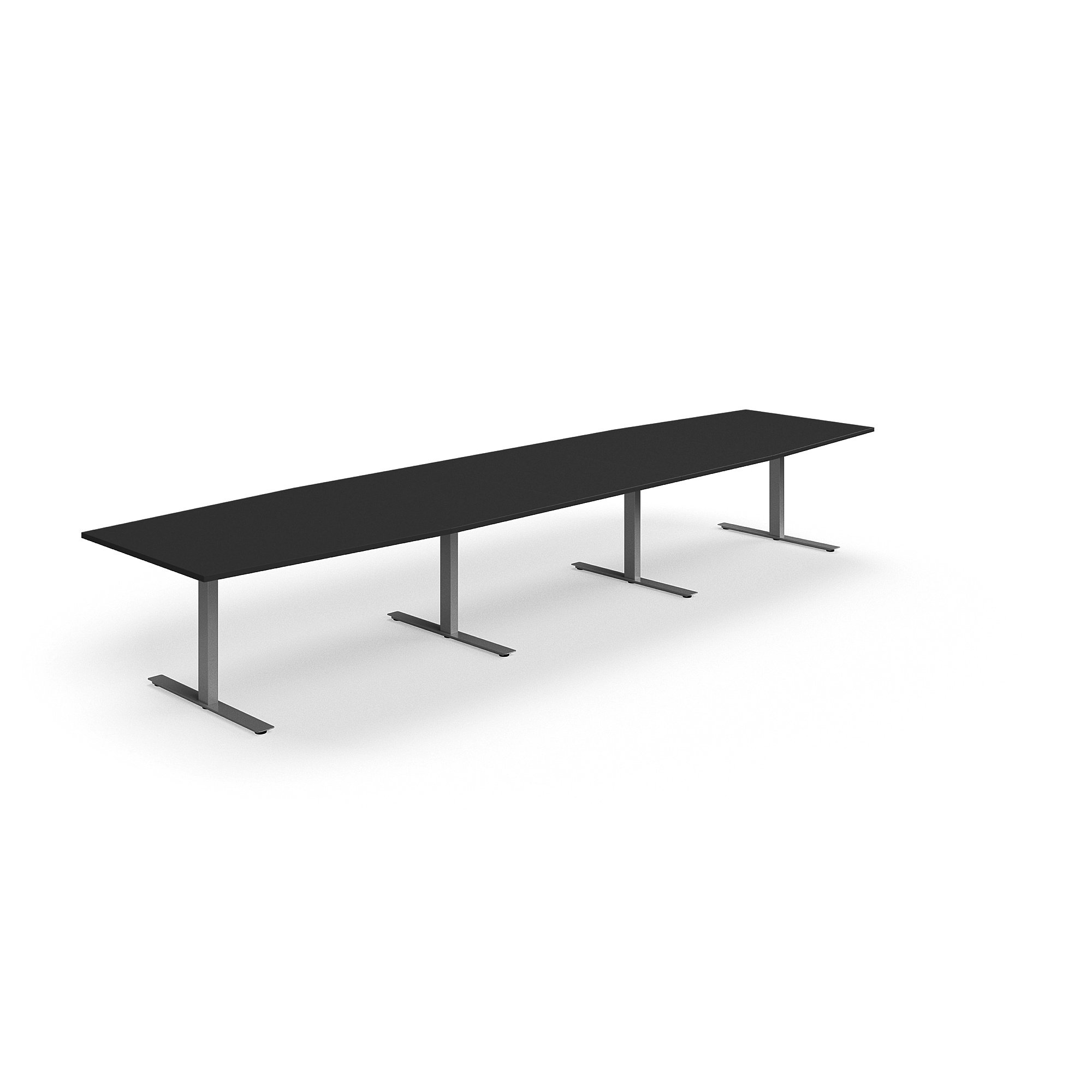 Jednací stůl QBUS, T-nohy, 4800x1200 mm, tvar člunu, stříbrná podnož, černá