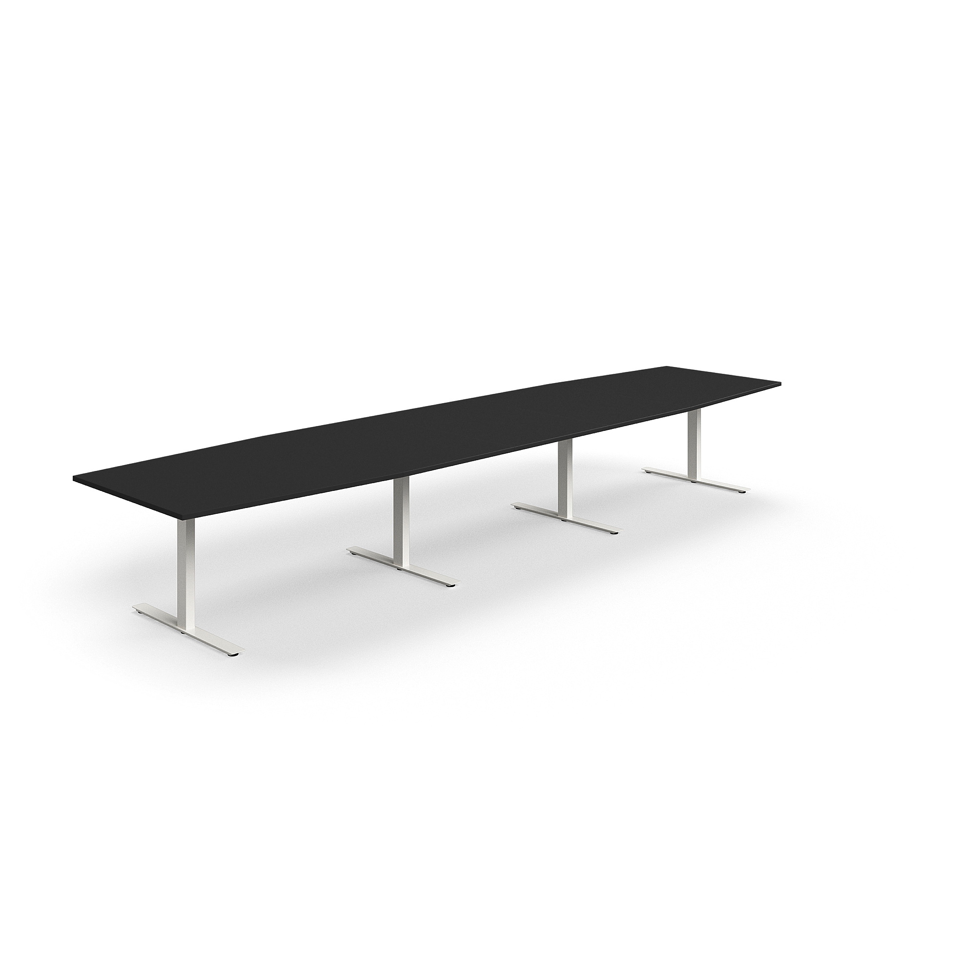 Jednací stůl QBUS, T-nohy, 4800x1200 mm, tvar člunu, bílá podnož, černá