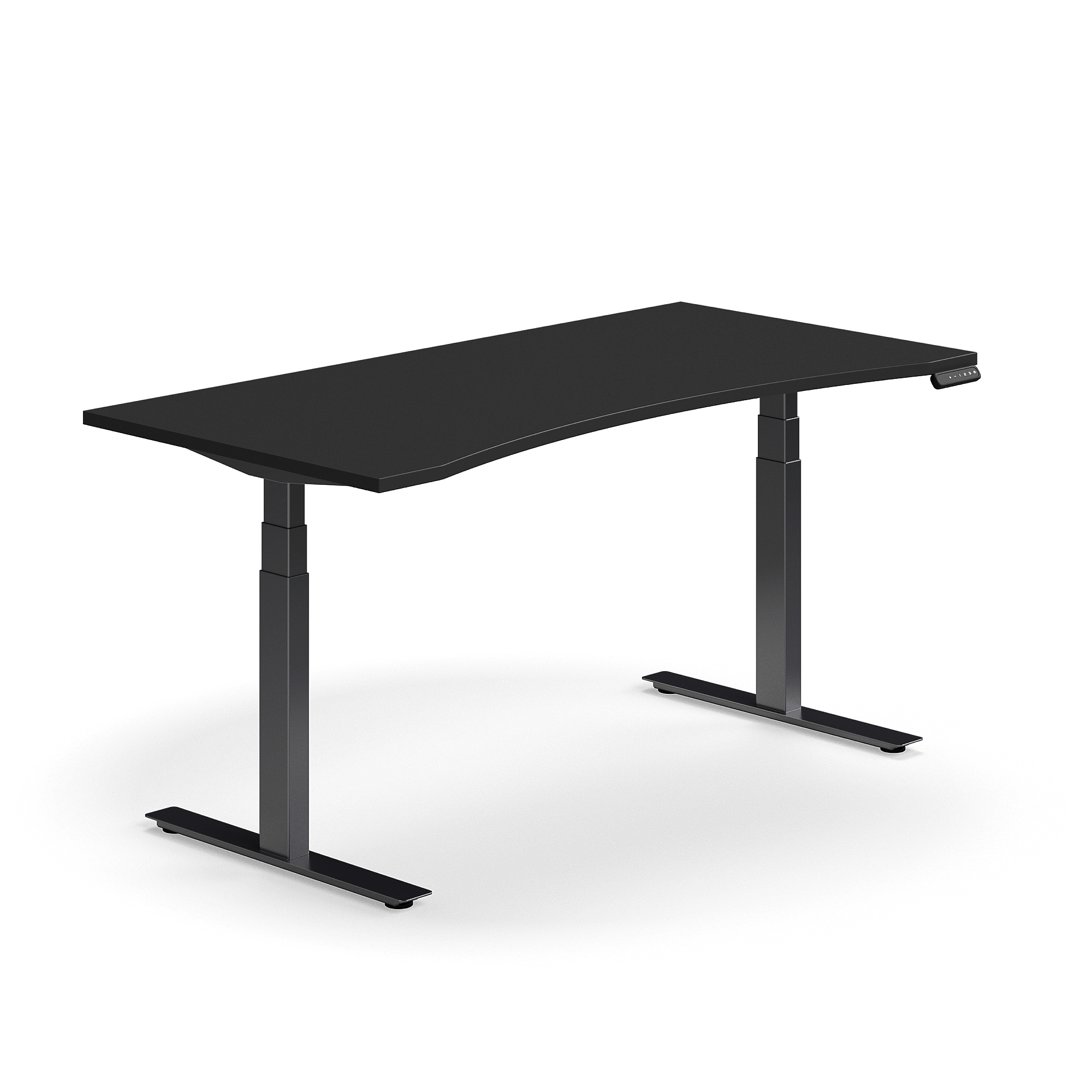 Výškově nastavitelný stůl QBUS, vykrojený, 1600x800 mm, černá podnož, černá